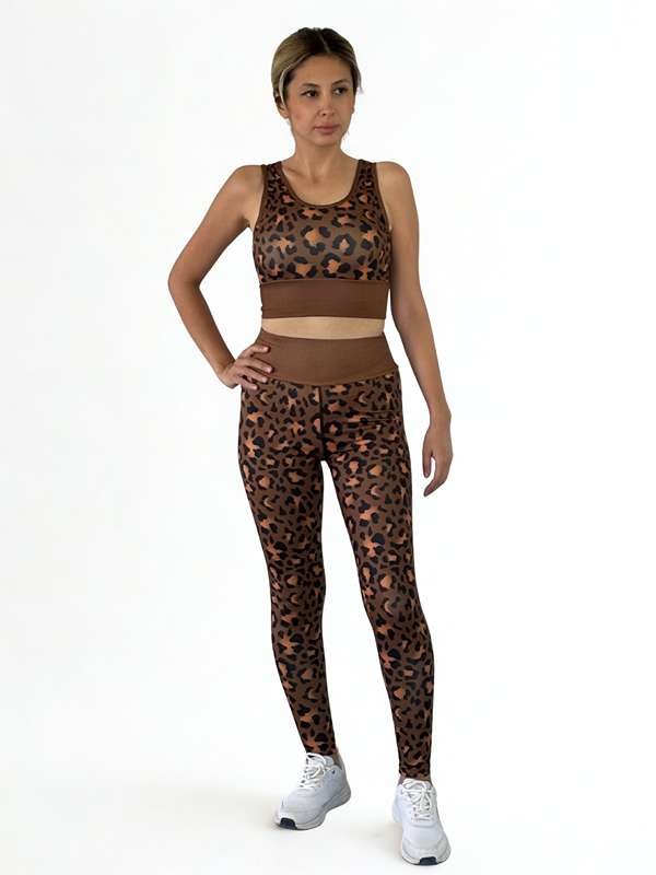 3D Baskılı Likralı/Pamuklu Özel Tasarım Premium Kalite LEOPAR Desen Tayt&Crop Takım