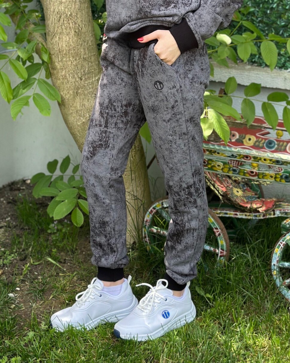 Batik Desen Baskılı Beli Bağlamalı Cepli Ribana Paça GRİ Unisex Alt Eşofman