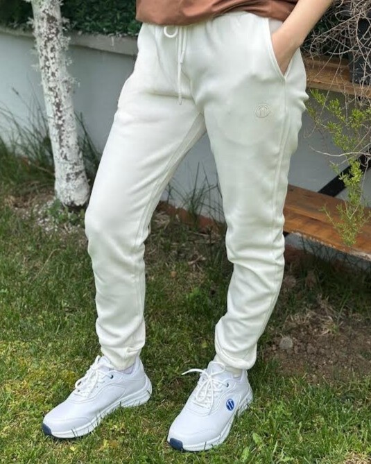 Pike Kumaş Beli Bağlamalı Cepli Ribana Paça BEYAZ Unisex Alt Eşofman