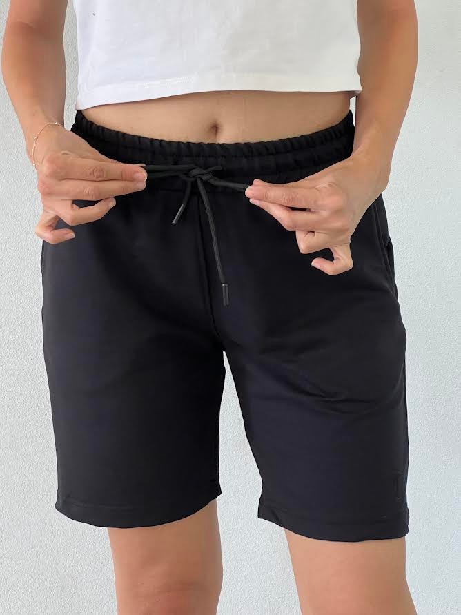 Unisex Beli Bağlamalı Pamuklu Cepli SİYAH Şort