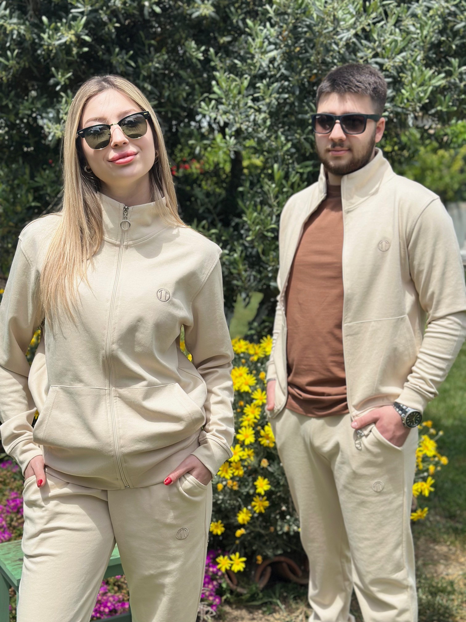  Double Face Modal Kumaş Fermuarlı Unisex Sweat&Alt  KREM Eşofman Takımı 