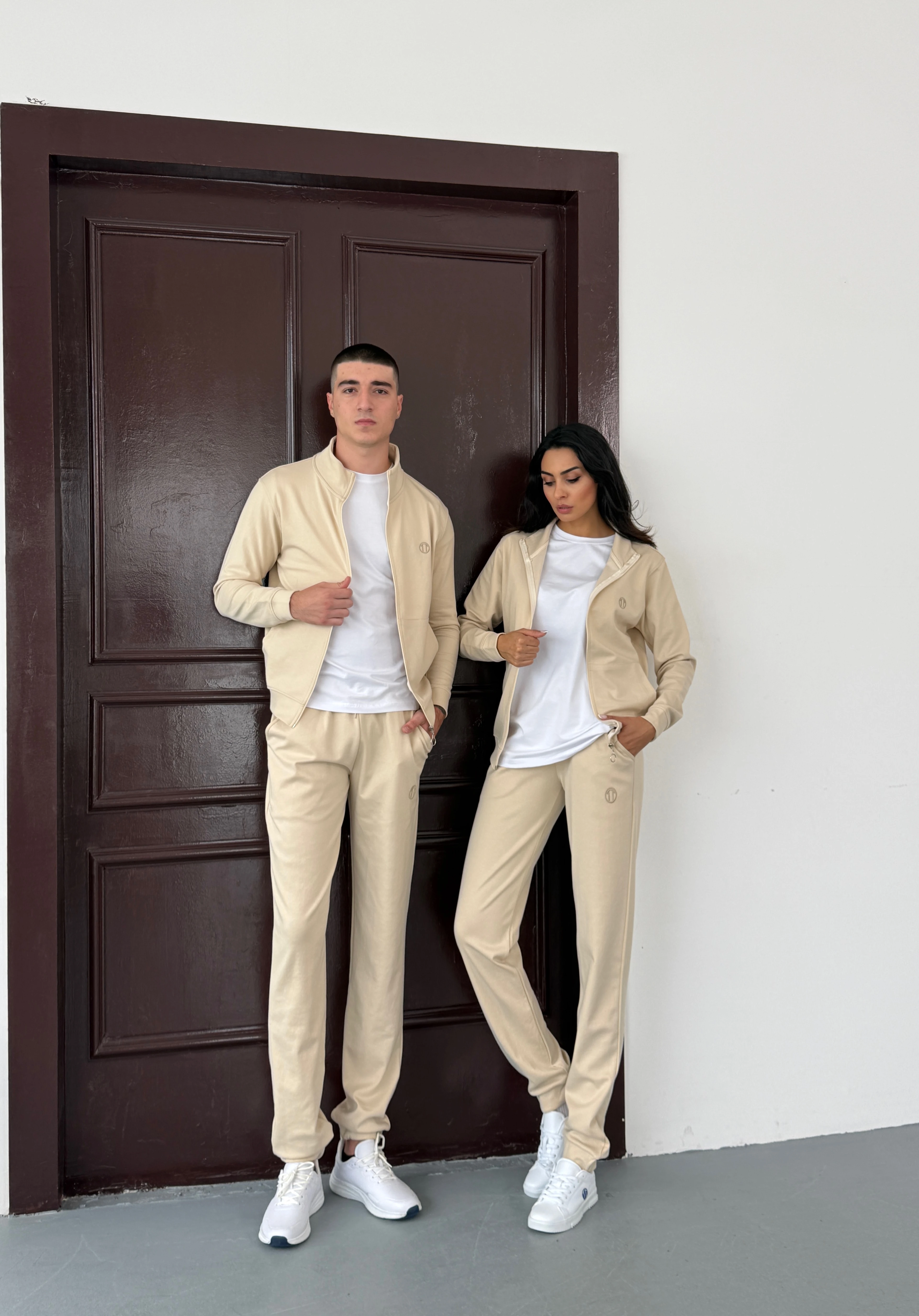  Double Face Modal Kumaş Fermuarlı Unisex Sweat&Alt  KREM Eşofman Takımı 