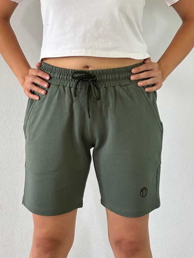 Unisex Beli Bağlamalı Pamuklu-Cepli Basic HAKİ YEŞİL Şort 