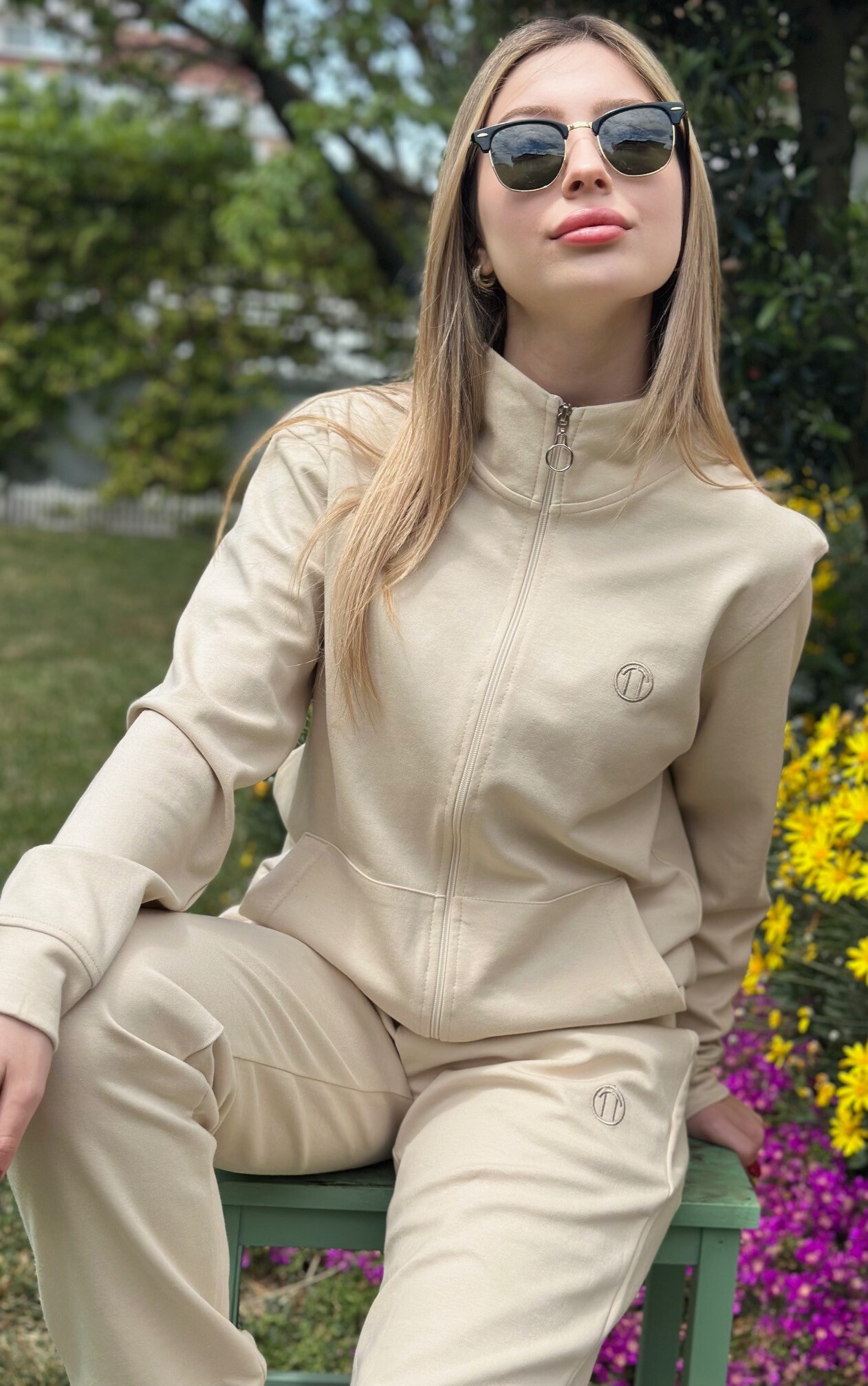  Double Face Modal Kumaş Fermuarlı Unisex Sweat&Alt  KREM Eşofman Takımı 
