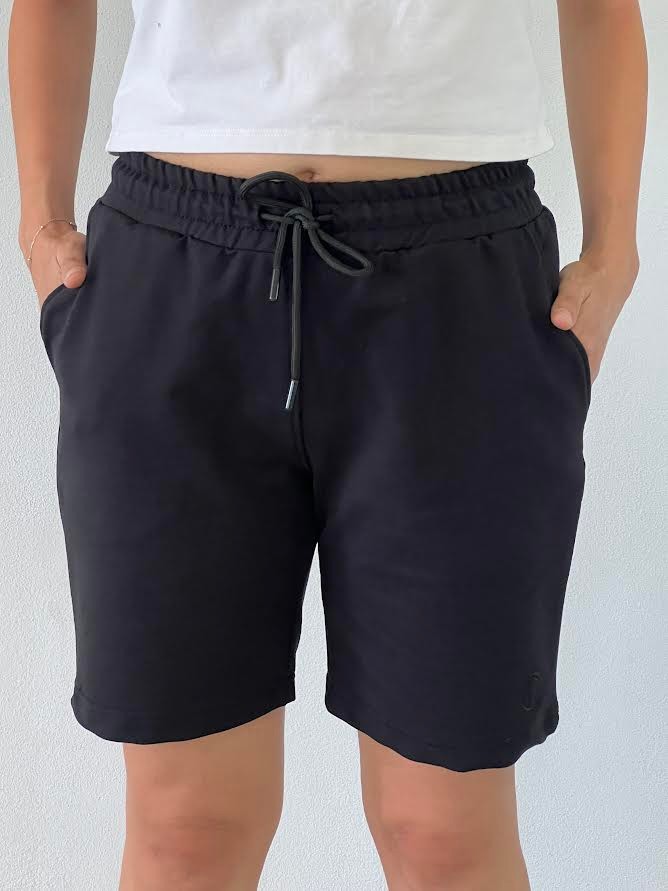 Unisex Beli Bağlamalı Pamuklu Cepli SİYAH Şort