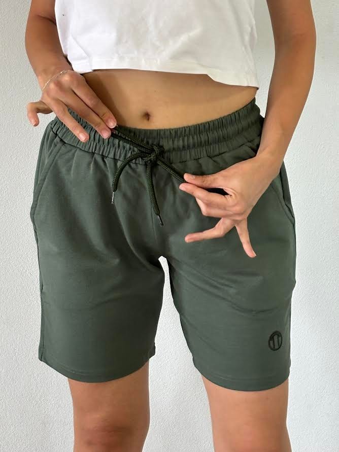 Unisex Beli Bağlamalı Pamuklu-Cepli Basic HAKİ YEŞİL Şort 
