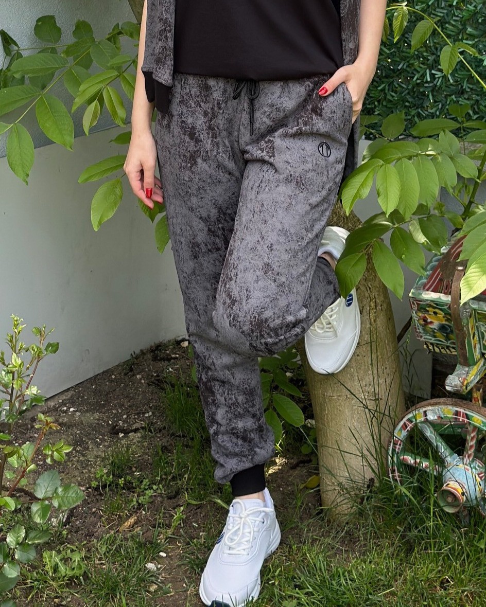 Batik Desen Baskılı Beli Bağlamalı Cepli Ribana Paça GRİ Unisex Alt Eşofman