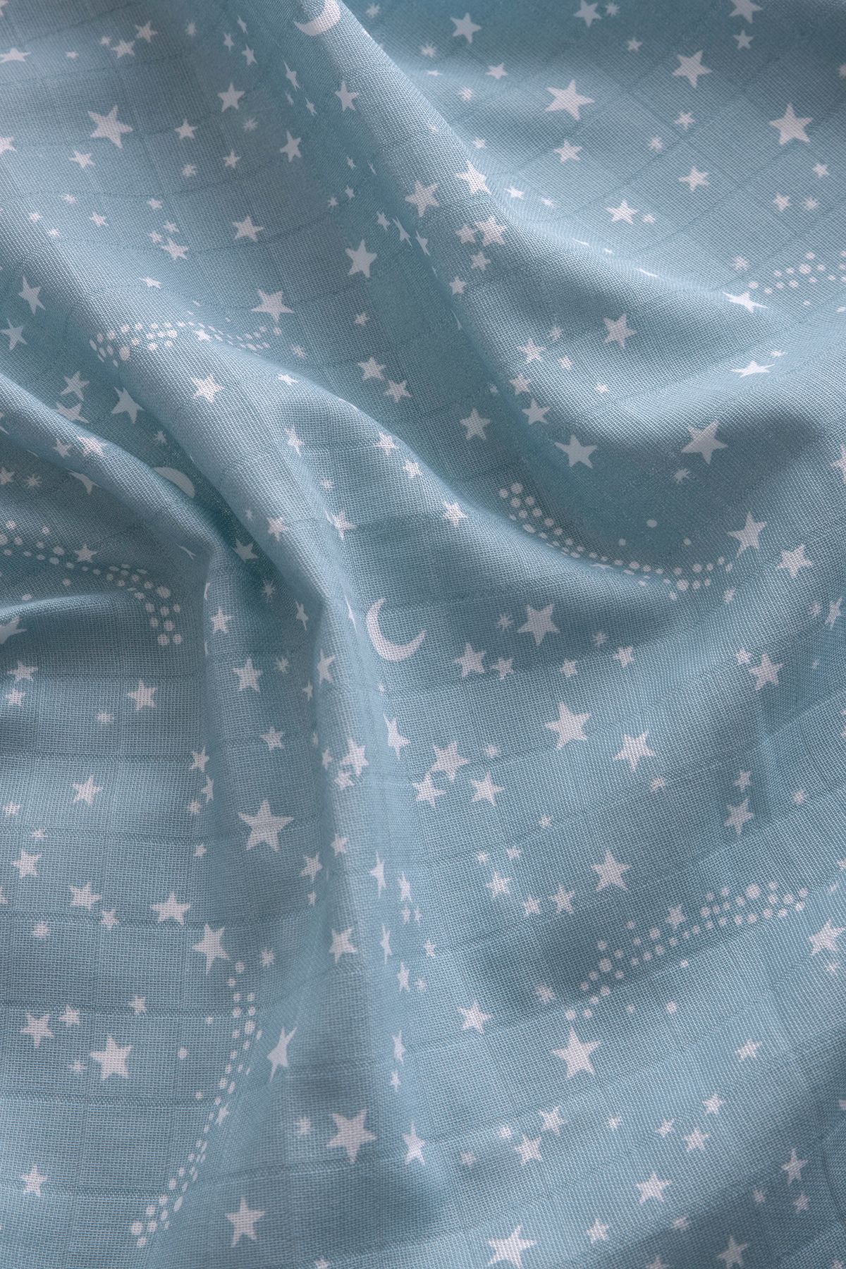 Müslin Bezi Örtü Yıldız Desen - Mavi 120x120 cm + 4 Adet Ağız Mendili