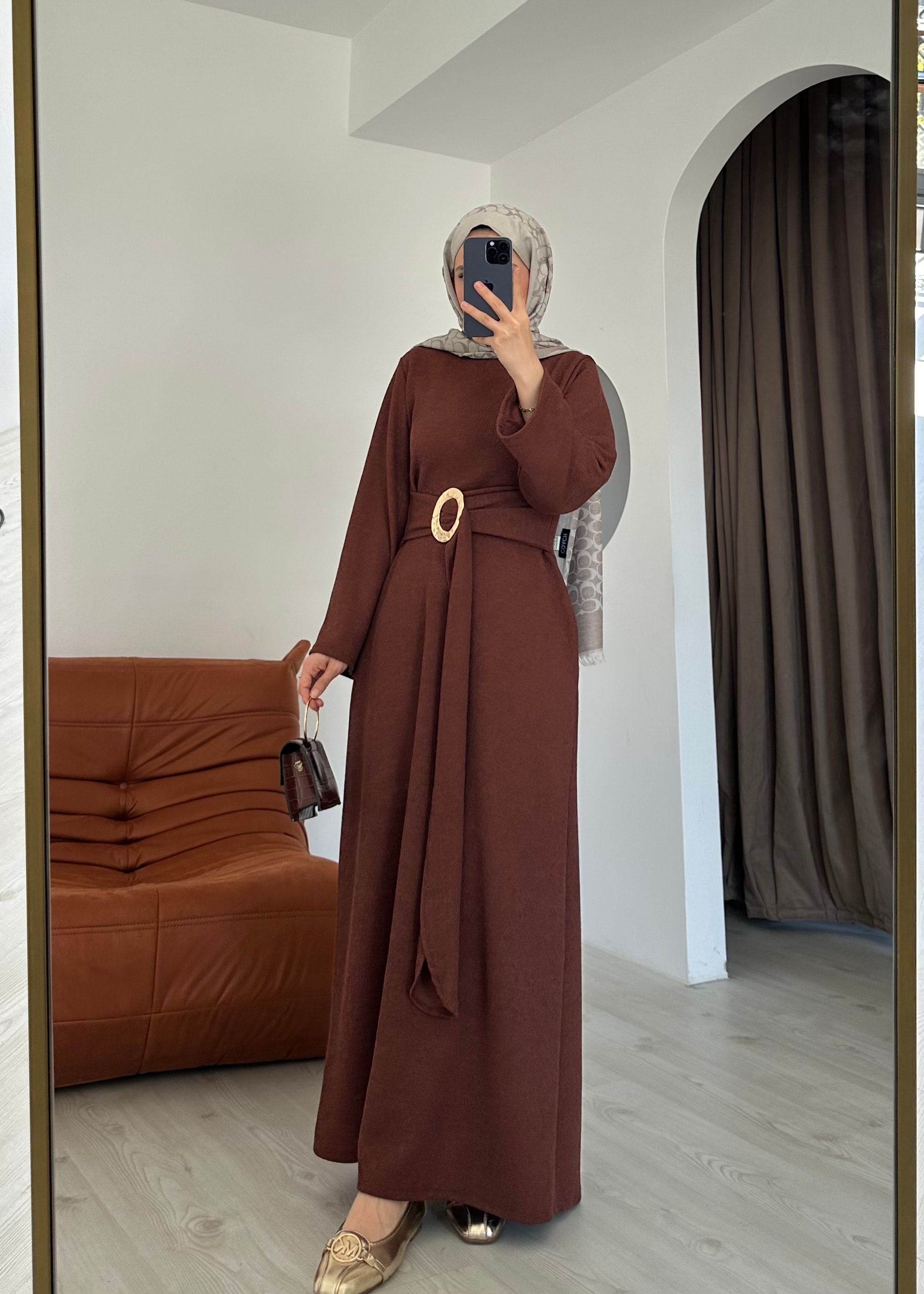 LADEN SİMLİ ELBİSE | Taba 