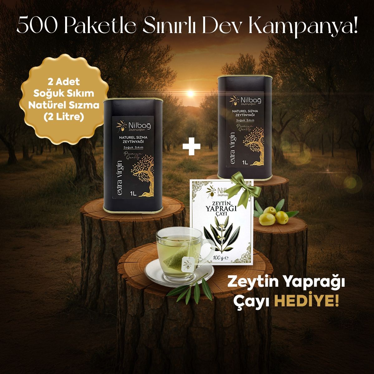 Nilbağ Özel Kampanya Paketi (2L Soğuk Sıkım + Zeytin Yaprağı Çayı Hediye)