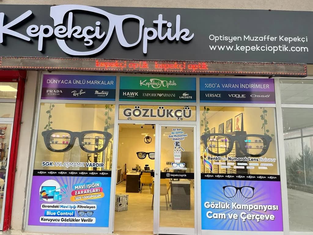 Kilis gözlükçü, Kepekçi Optik mağaza içi, güneş gözlüğü ve numaralı gözlük modelleri