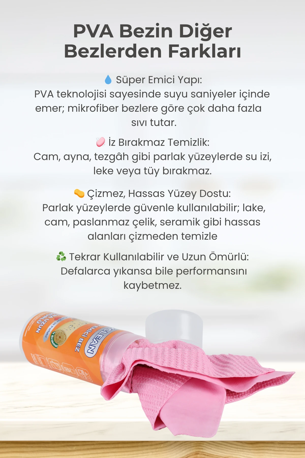 NoxClean Pembe PVA Sünger Bez – Süper Emici, Tüy Bırakmaz, Çok Amaçlı Temizlik Bezi