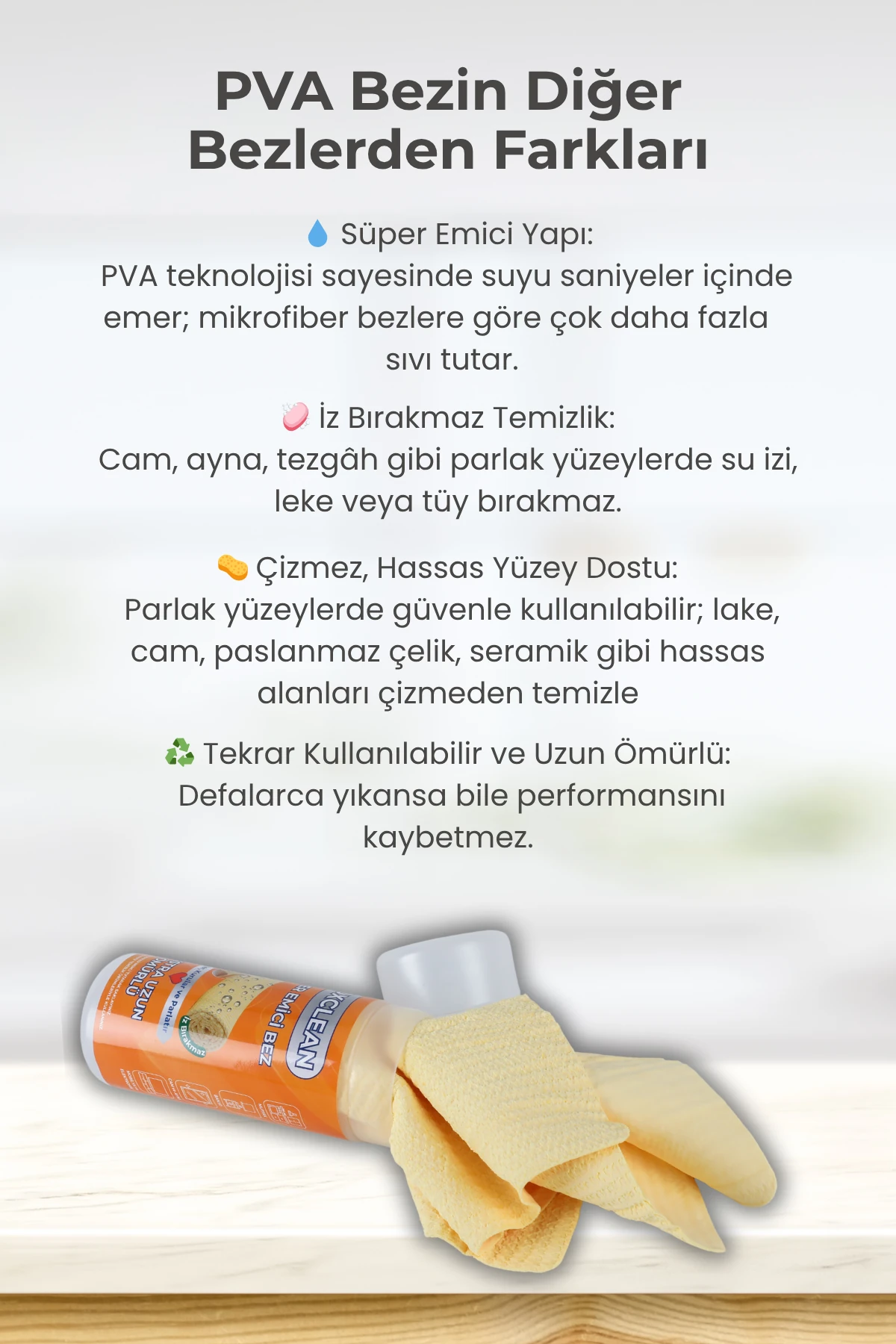 NoxClean Sarı PVA Sünger Bez – Süper Emici, Tüy Bırakmaz, Çok Amaçlı Temizlik Bezi