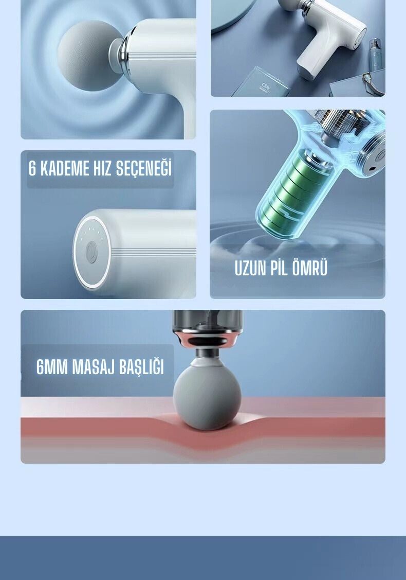 Masaj Tabancası Sporcu Masaj Aleti 6mm 4 Farklı Başlık Şarjlı Profesyonel Masaj Aleti TP-1028