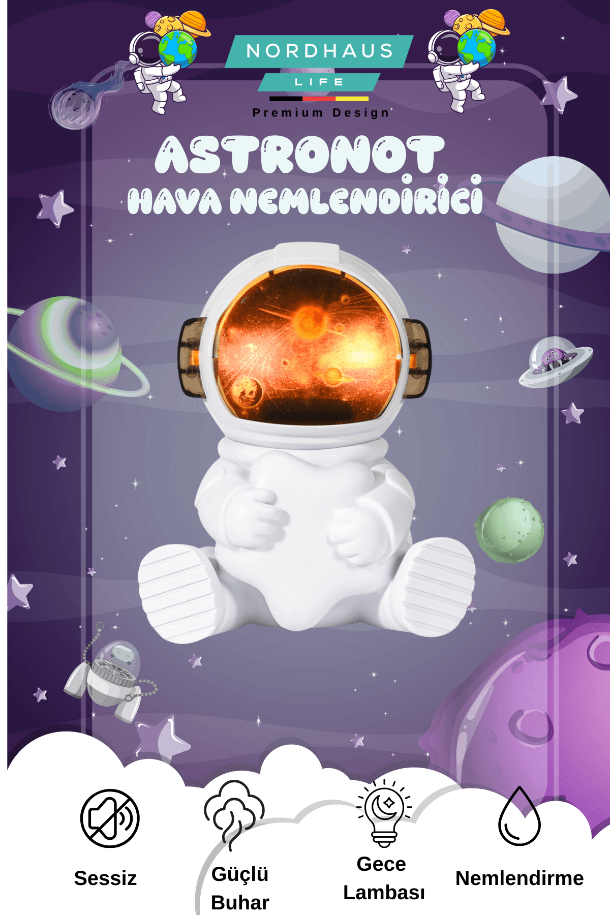 Astronot Yıldız Şekilli Gece Lambalı 220 ml Ultrasonik Hava Nemlendirici TP-1036