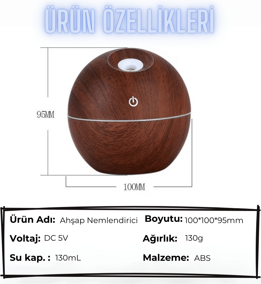 Ahşap Desenli Hava Nemlendirici 130ml Aramo Difizörü Taşınabilir H2o Tp-1014