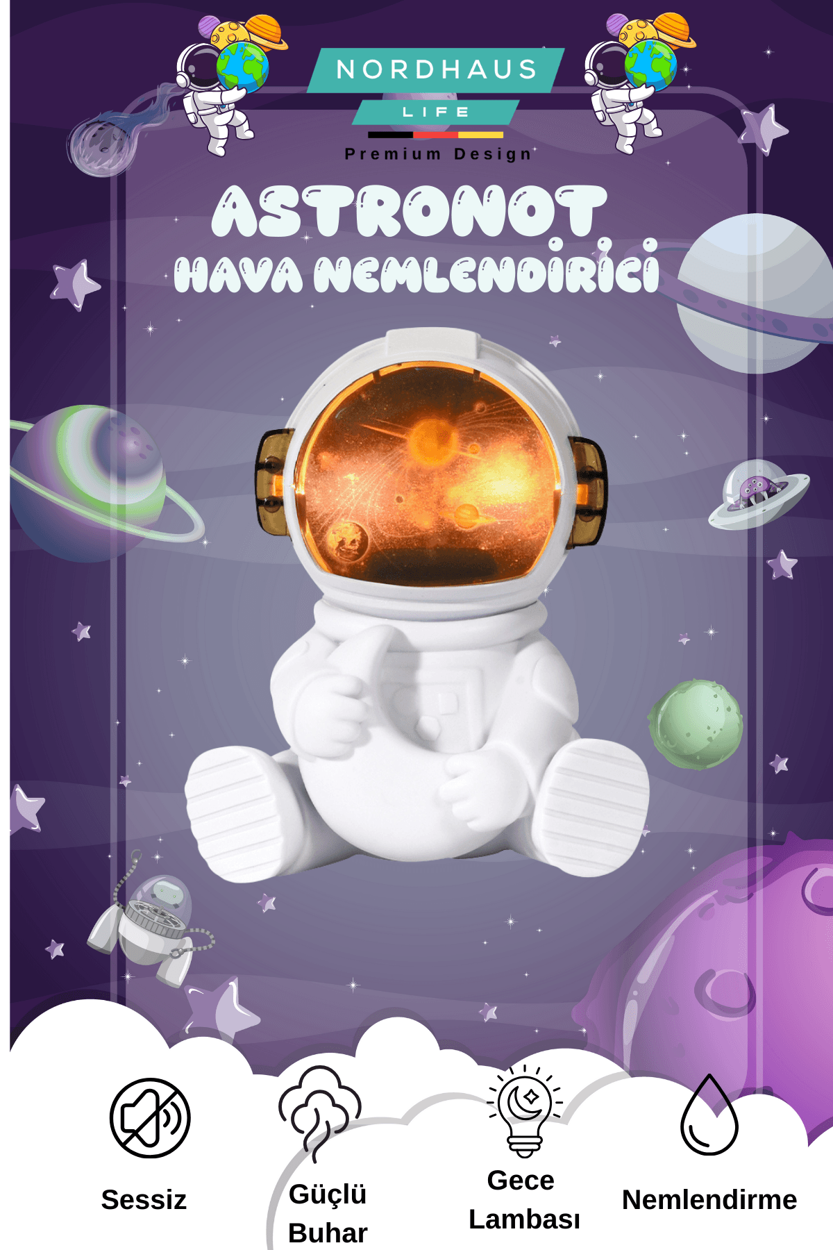 Astronot Ay Şekilli Gece Lambalı 220 ml Ultrasonik Hava Nemlendirici TP-1036