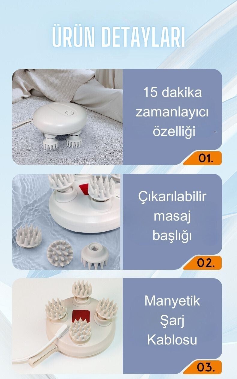 Şarj Edilebilir Saç Derisi Masaj Aleti Kafa Masajı Silikon Başlık Tp-1006