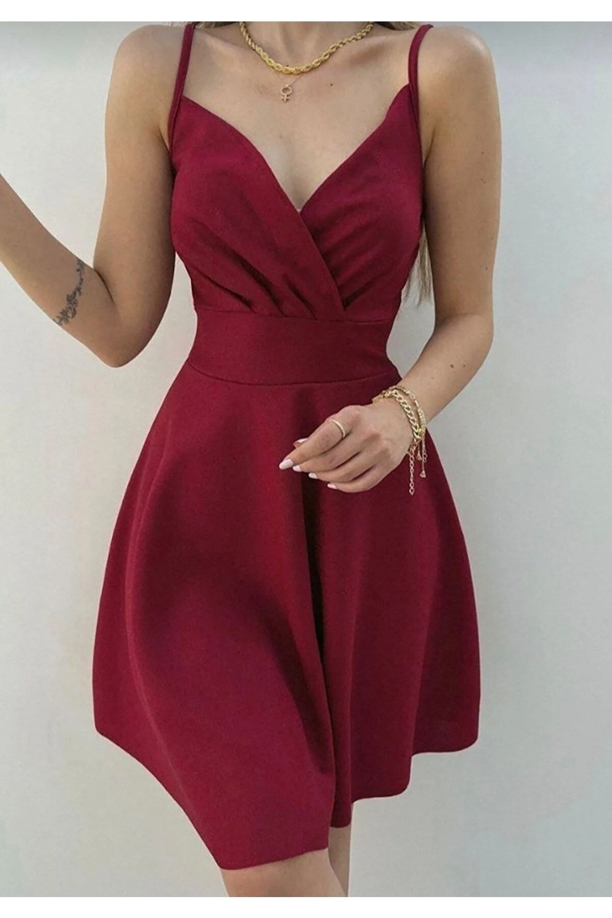 Krep Kumaş Bordo Ince Askılı Elbise Modelleri