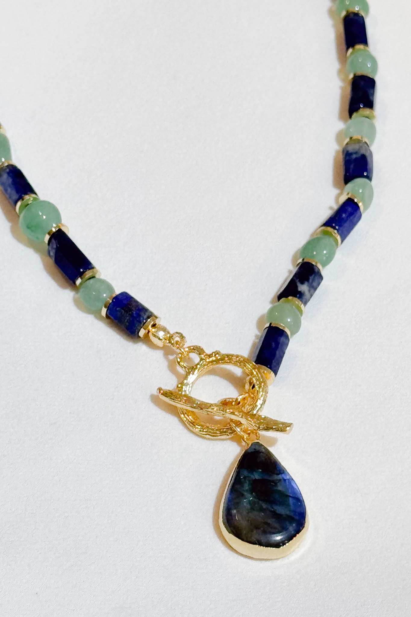 Lapis Lazuli, Aventurin Doğal Taş Boncuk ve Labradorit Kolye Uçlu Tasarım Kolye