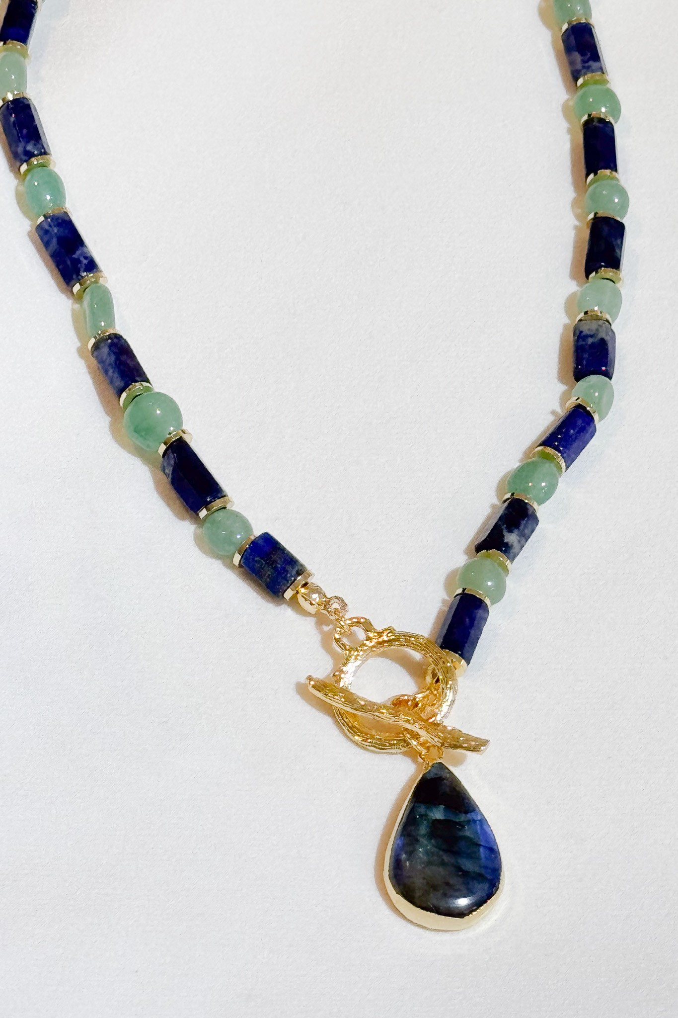 Lapis Lazuli, Aventurin Doğal Taş Boncuk ve Labradorit Kolye Uçlu Tasarım Kolye