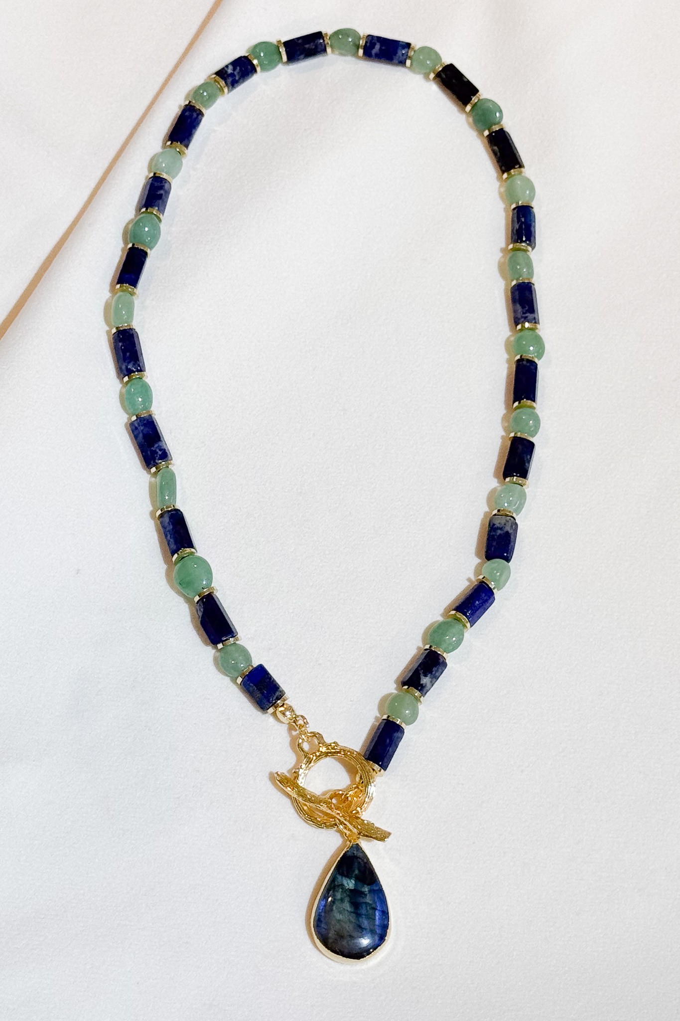 Lapis Lazuli, Aventurin Doğal Taş Boncuk ve Labradorit Kolye Uçlu Tasarım Kolye