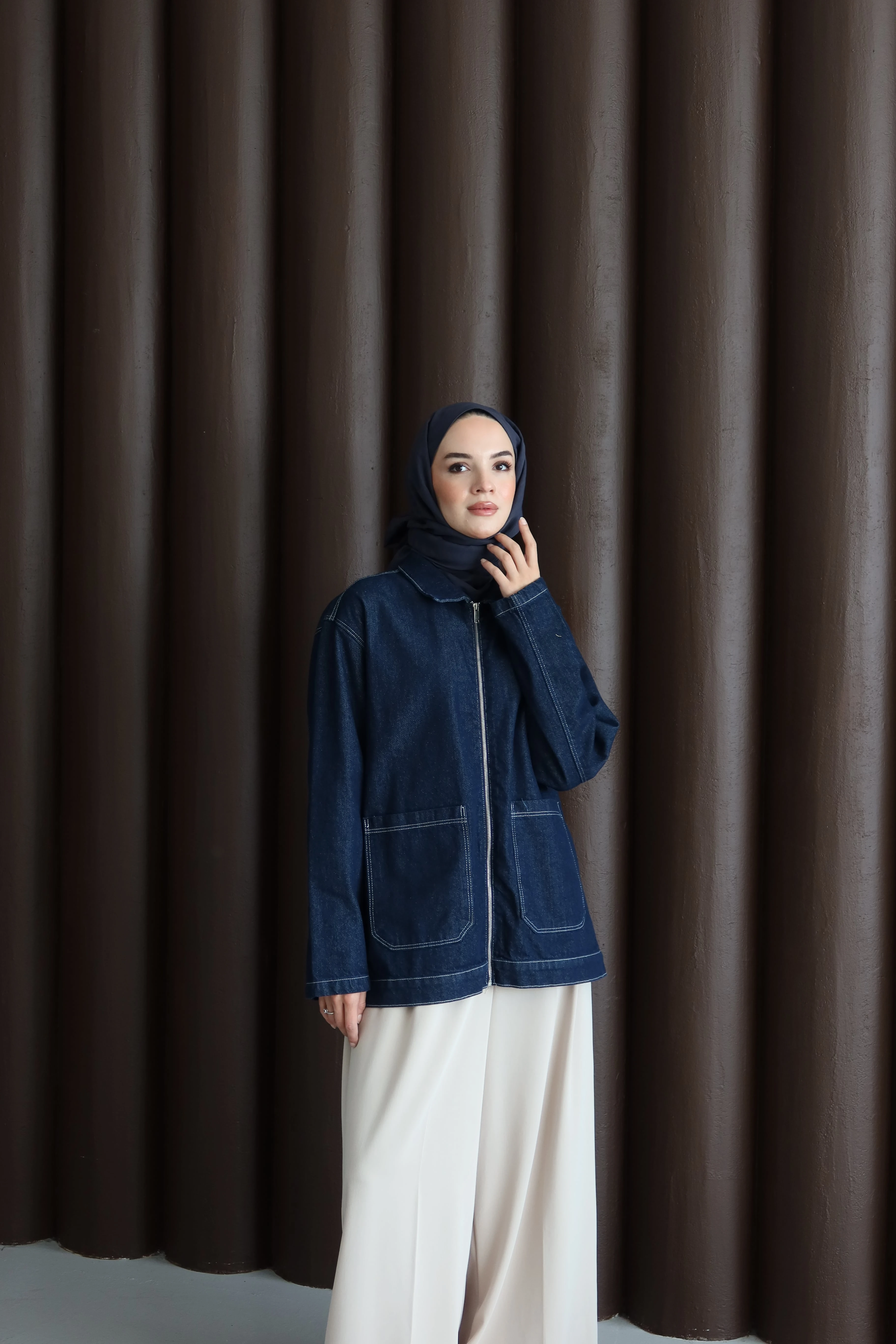 Fermuarlı Tesettür Ceket - Koyu Mavi