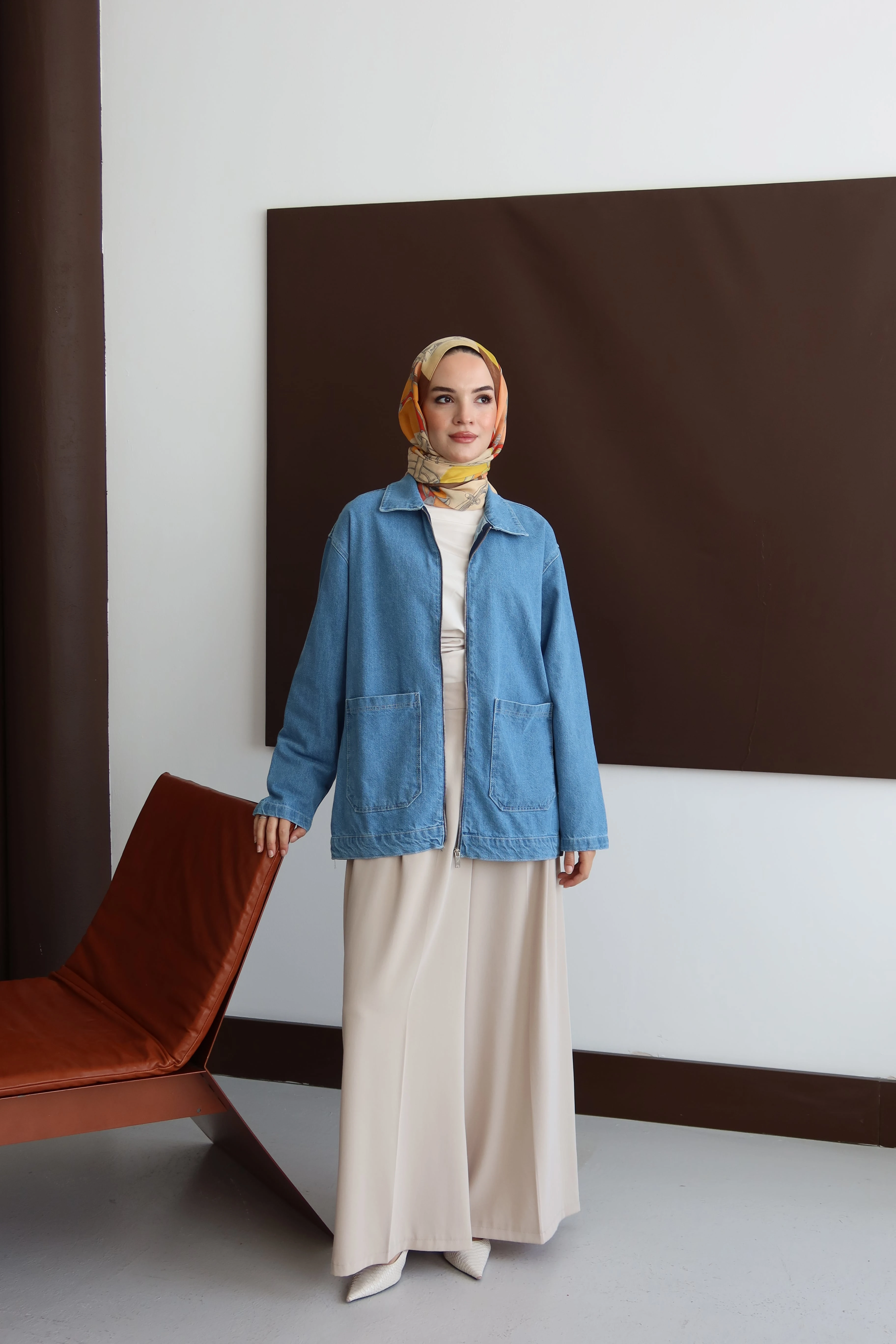 Fermuarlı Tesettür Ceket - Açık Mavi