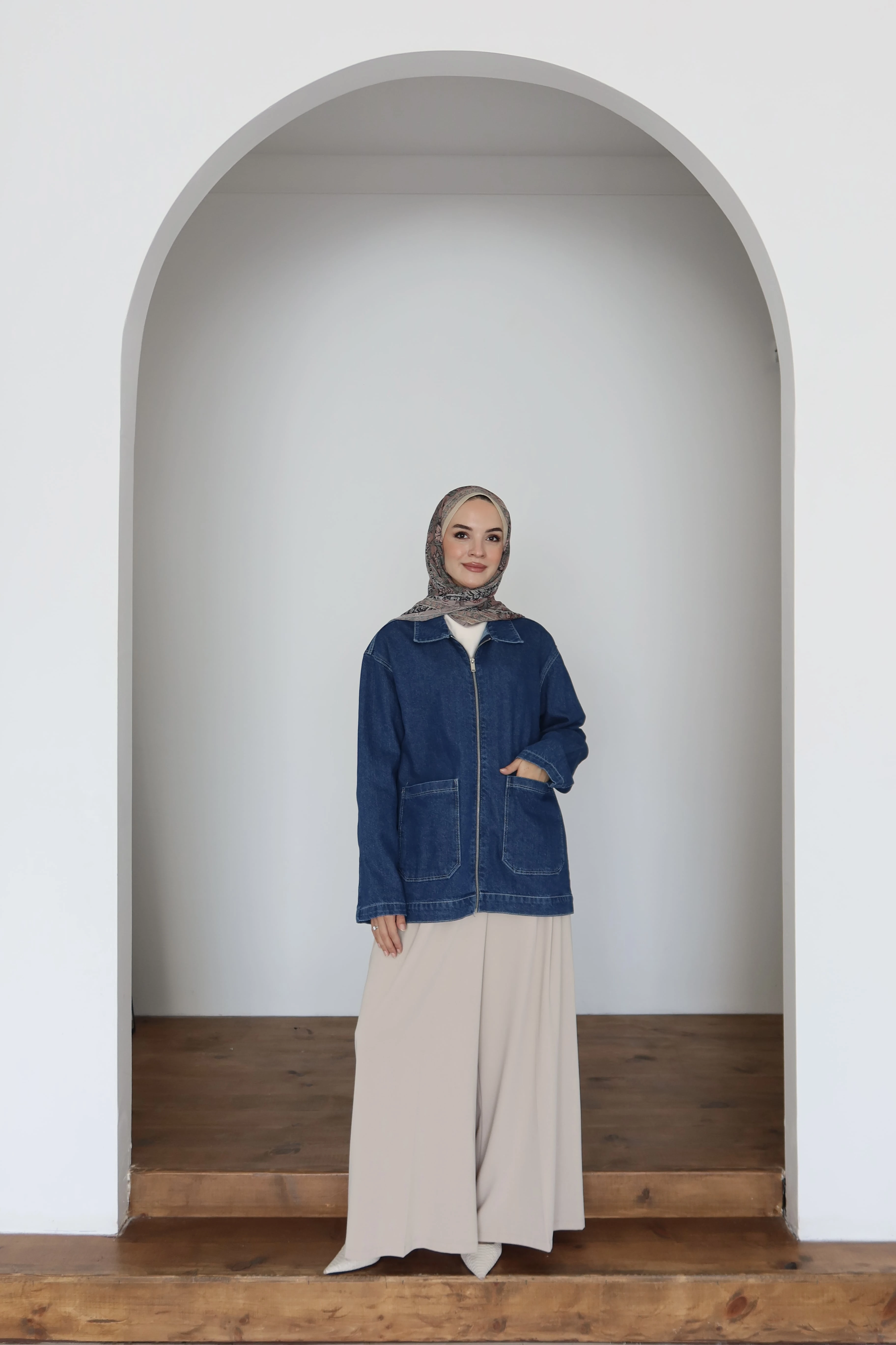 Fermuarlı Tesettür Ceket - Mavi