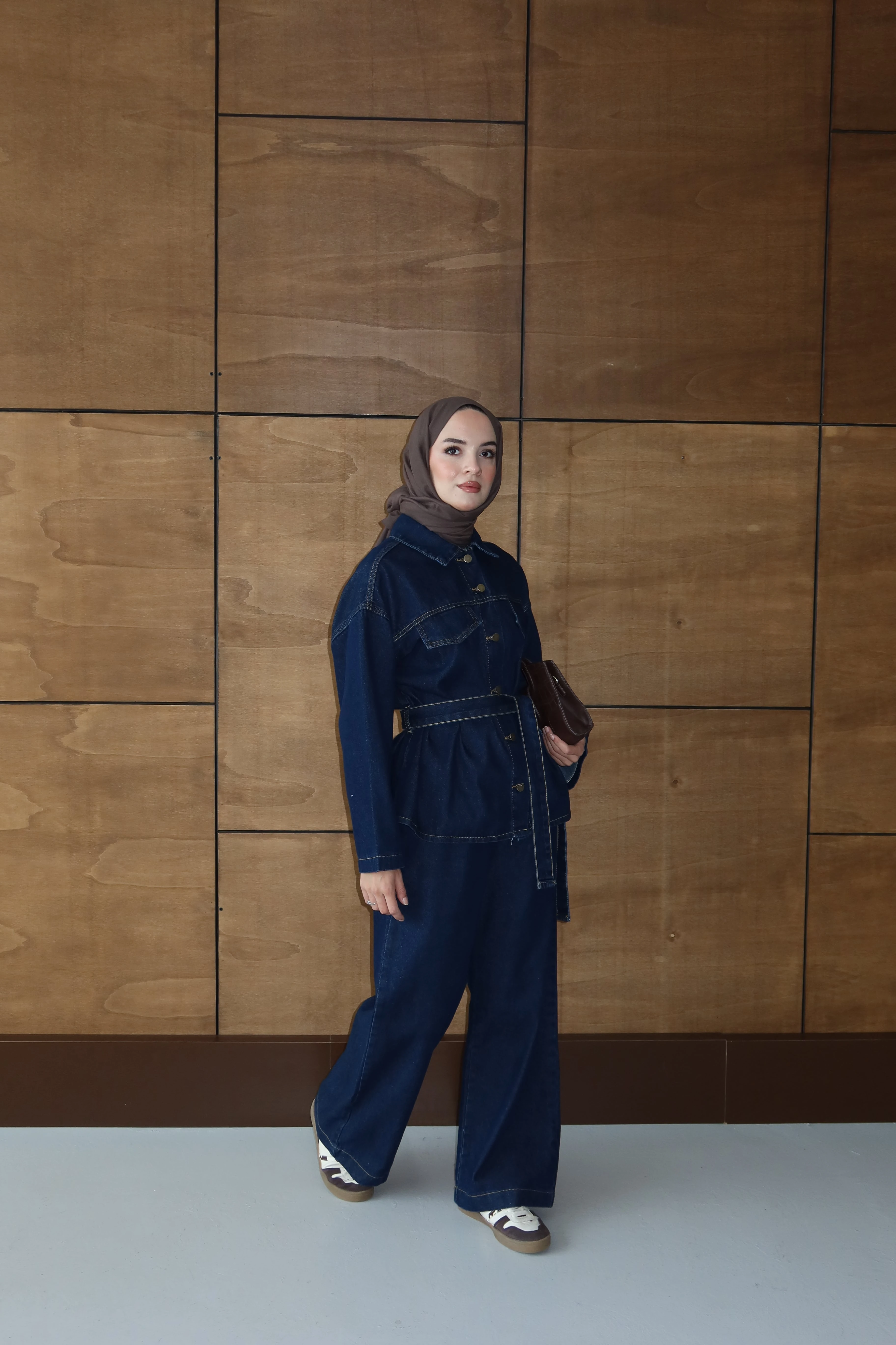 Tesettür Kapaklı Kot Takım - Koyu Mavi