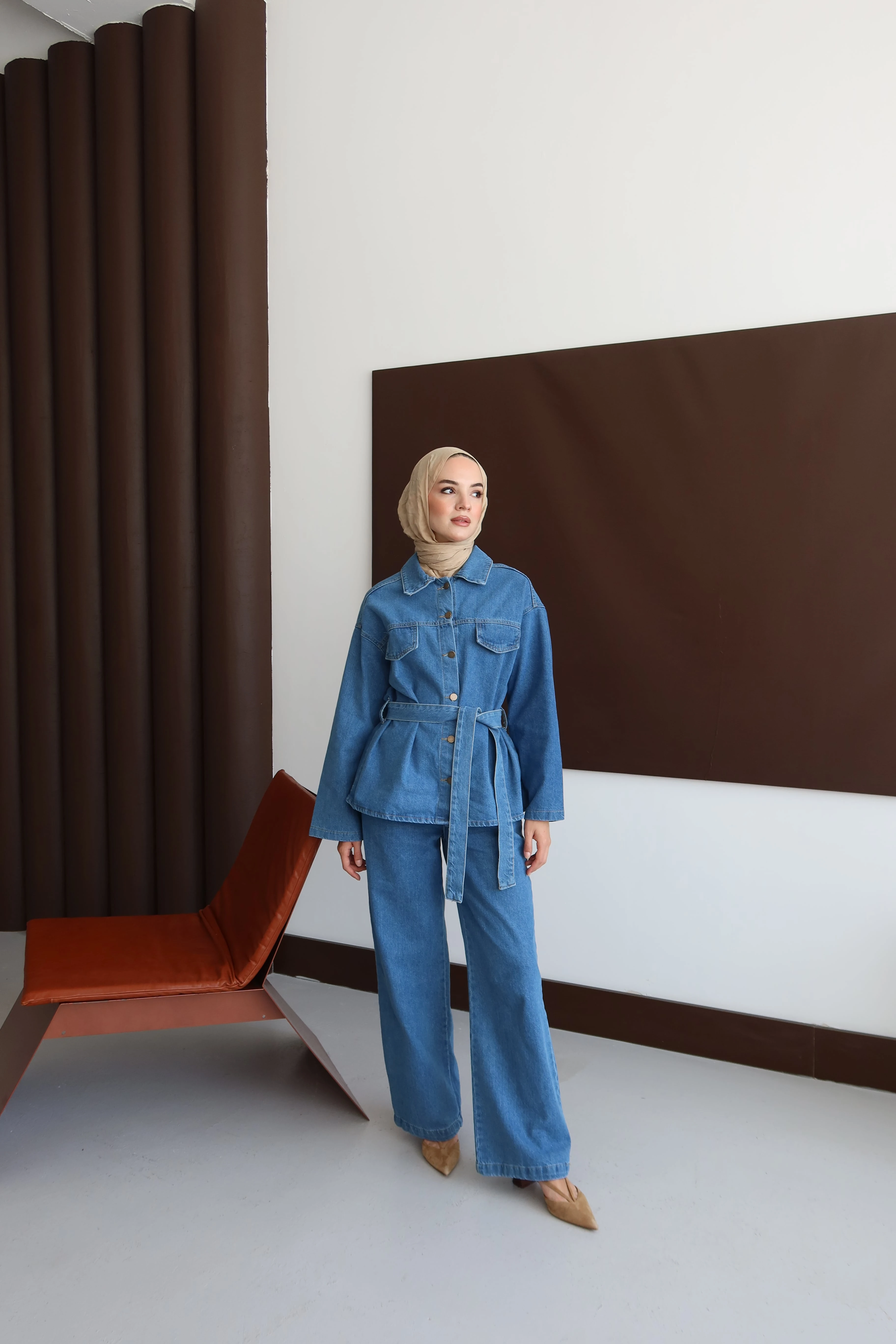 Tesettür Kapaklı Kot Takım - Açık Mavi