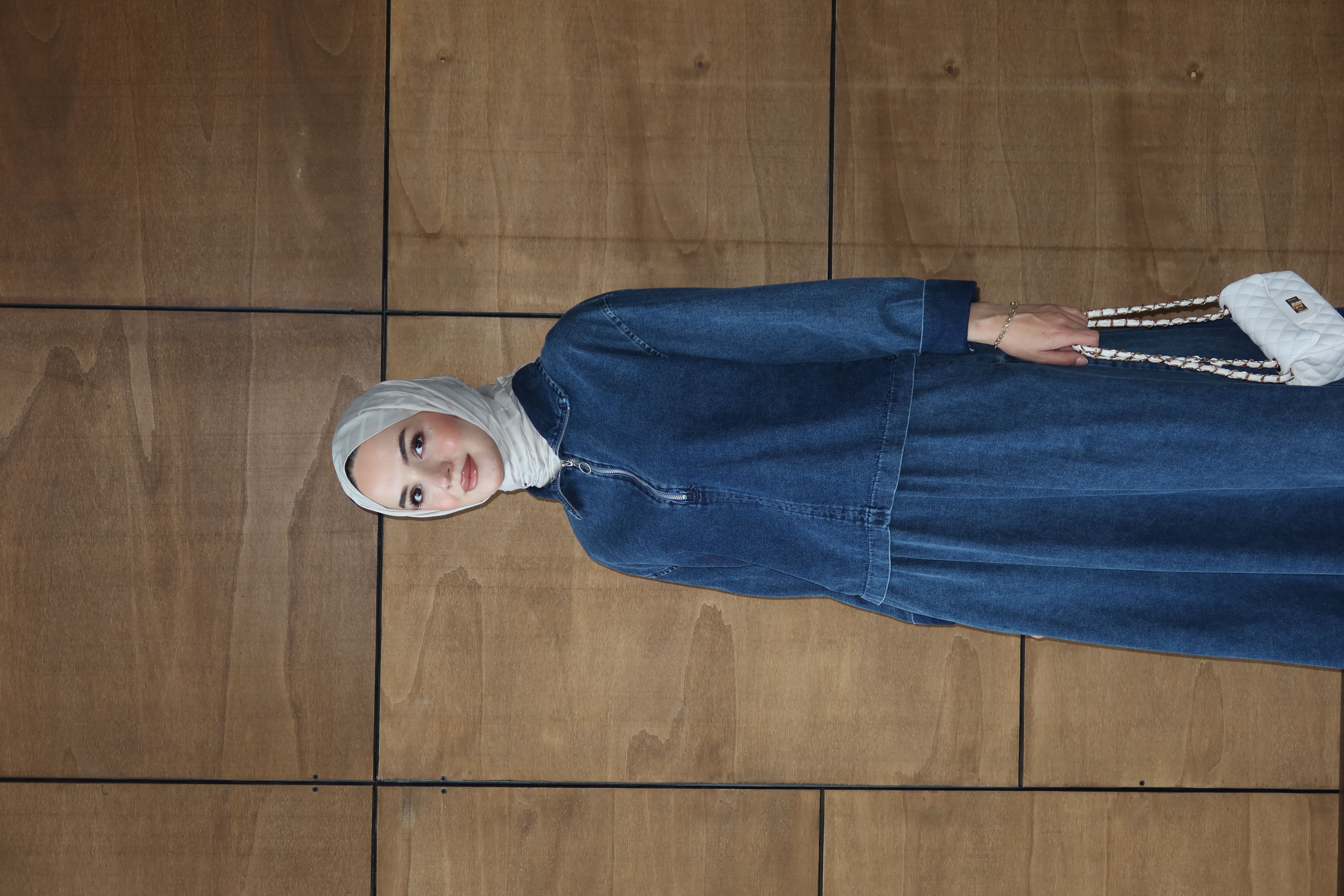 Tesettür Fermuarlı Kot Takım - Koyu Mavi