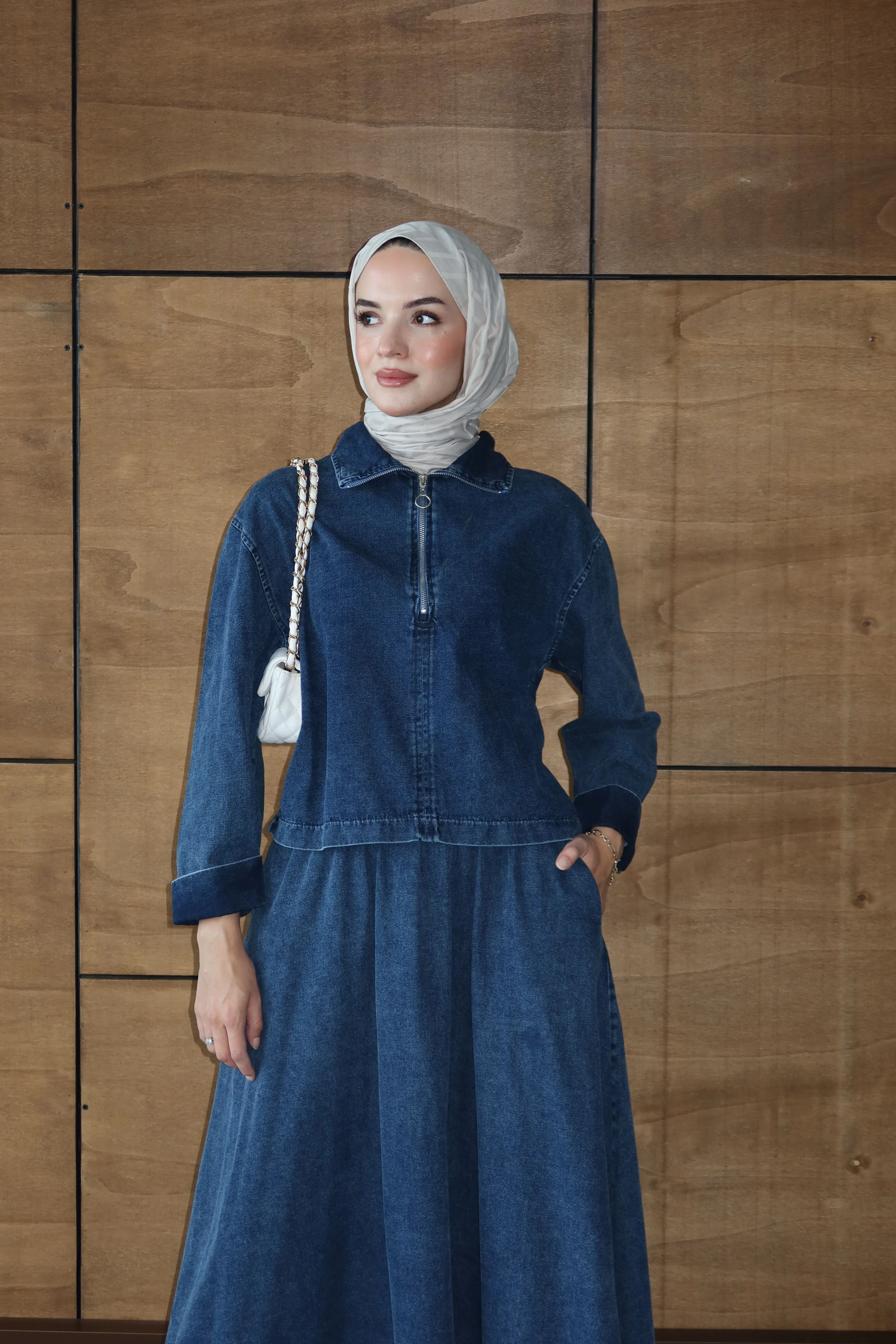 Tesettür Fermuarlı Kot Takım