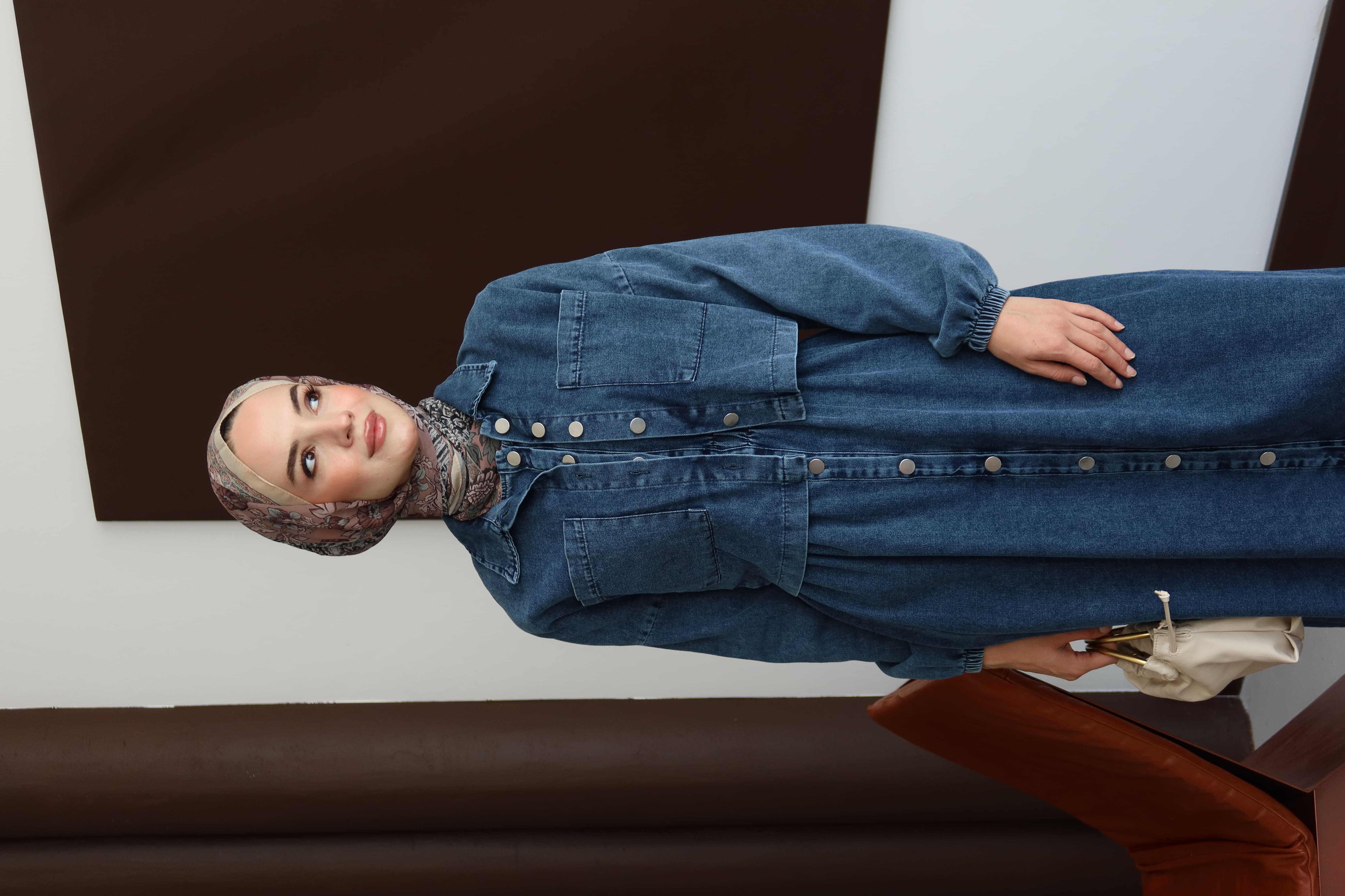 Tesettür Boydan Düğmeli Kot Takım