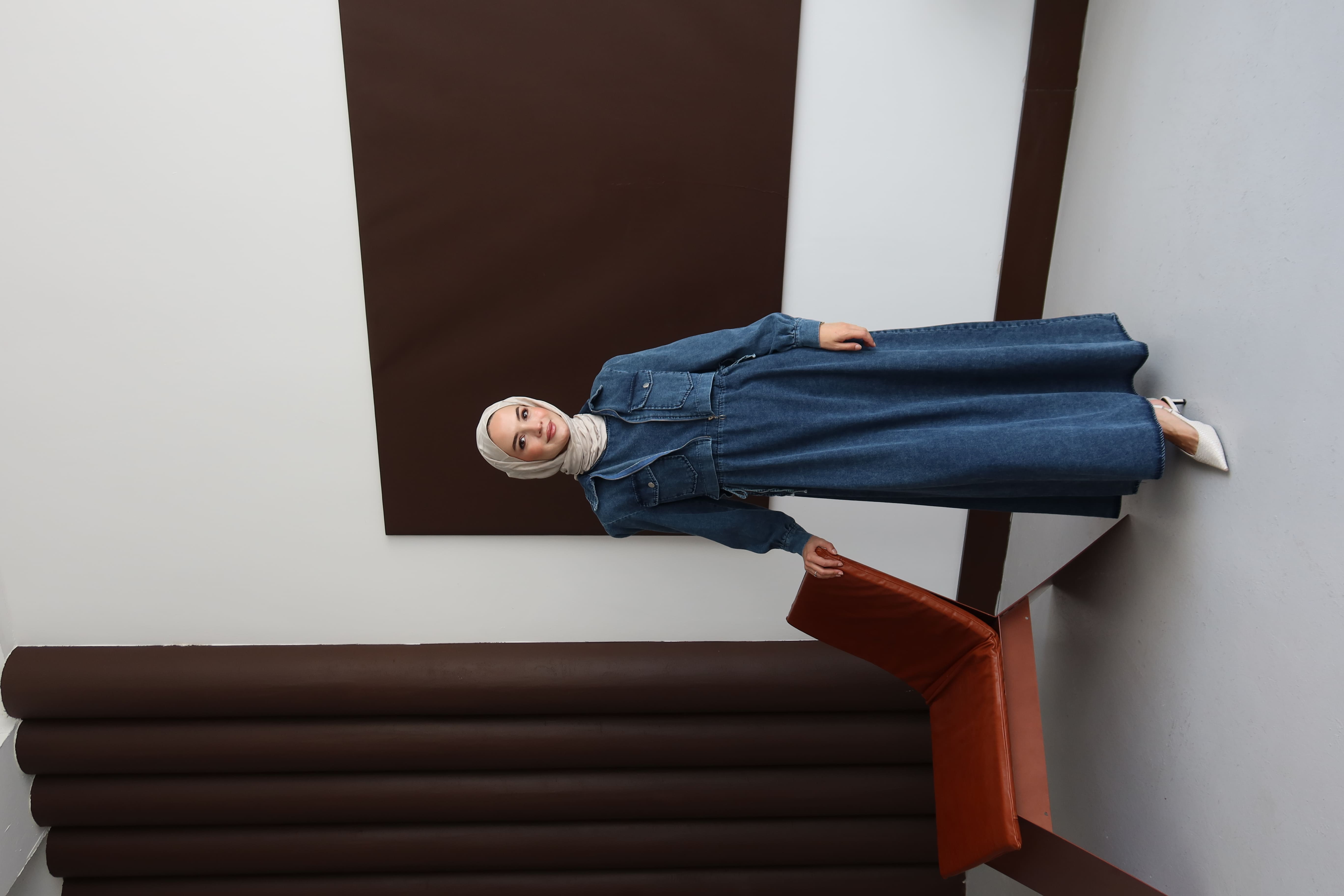 Tesettür Fermuarlı Cepli Kot Takım - Koyu Mavi