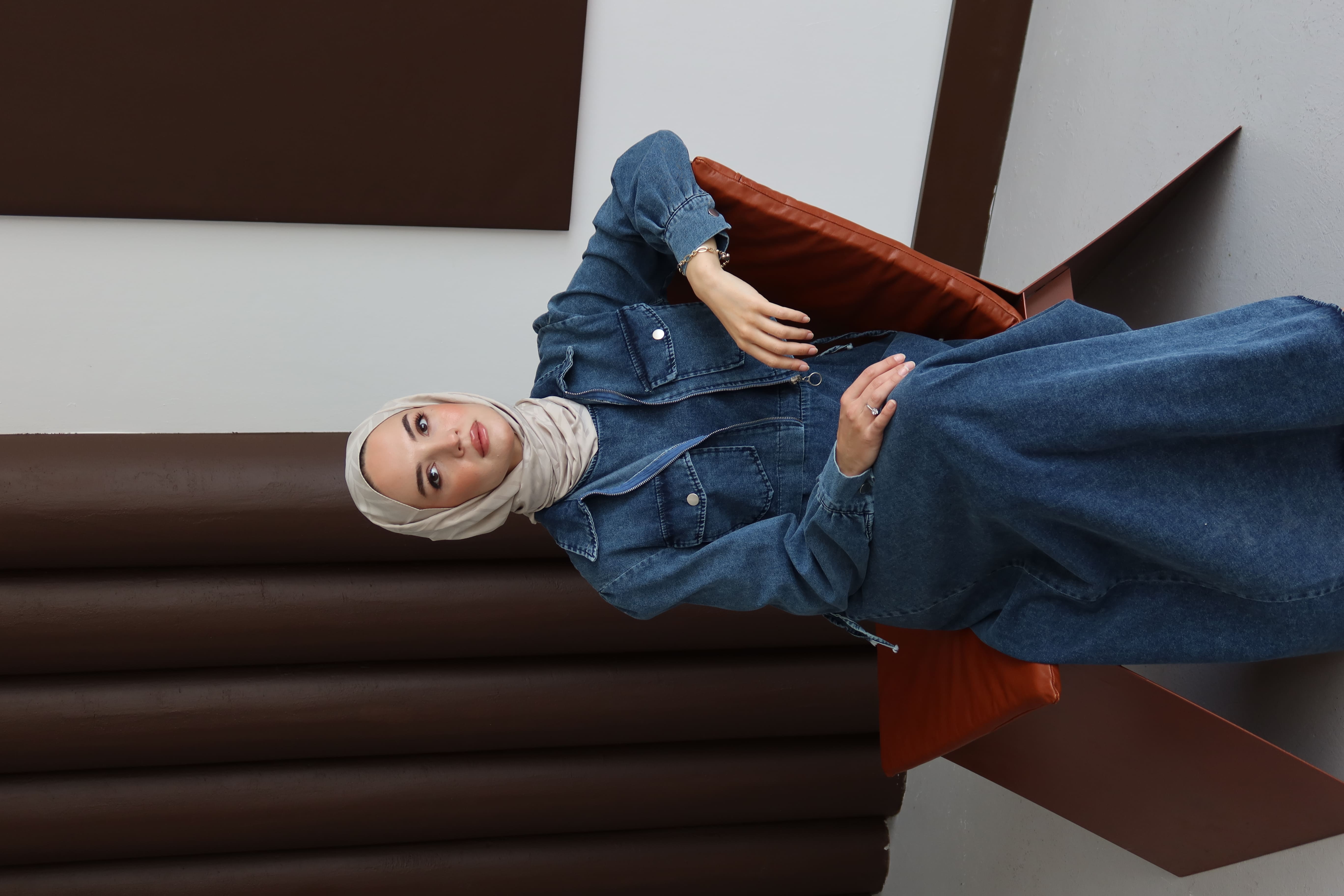 Tesettür Fermuarlı Cepli Kot Takım