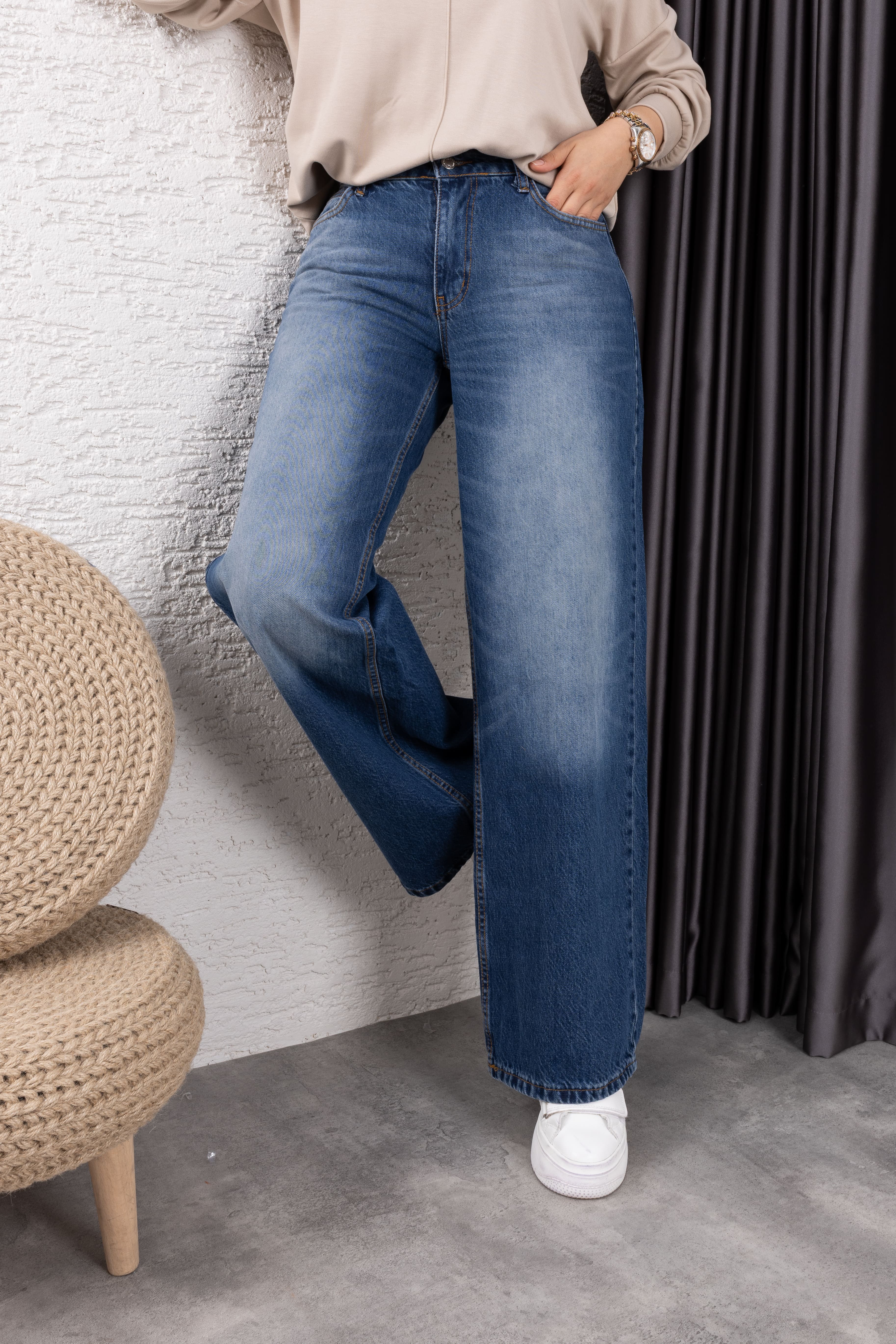 Tesettür Bol Poça Kot Pantolon - Koyu Mavi