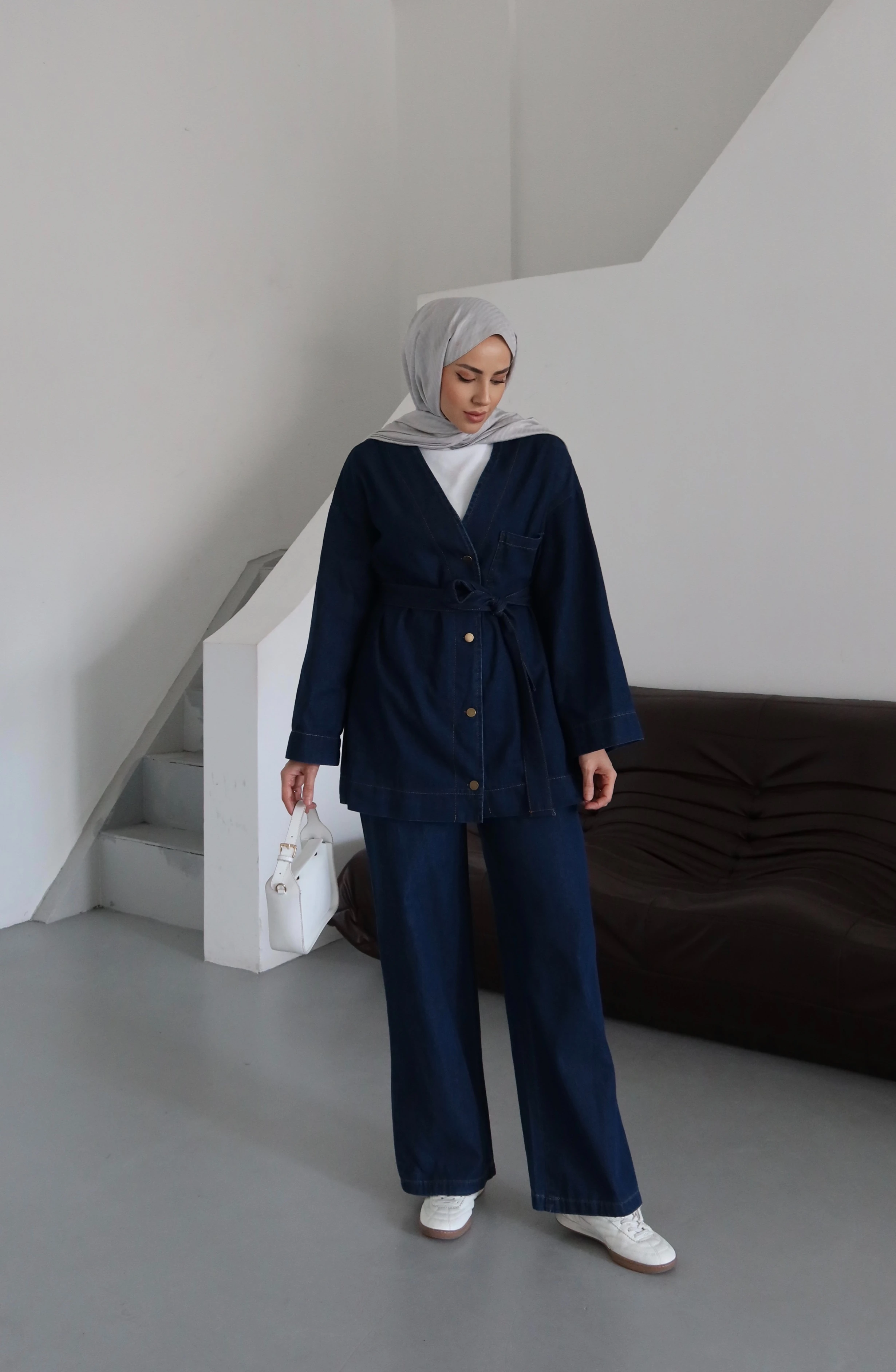 Kemer Detaylı Tesettür Kot Takım