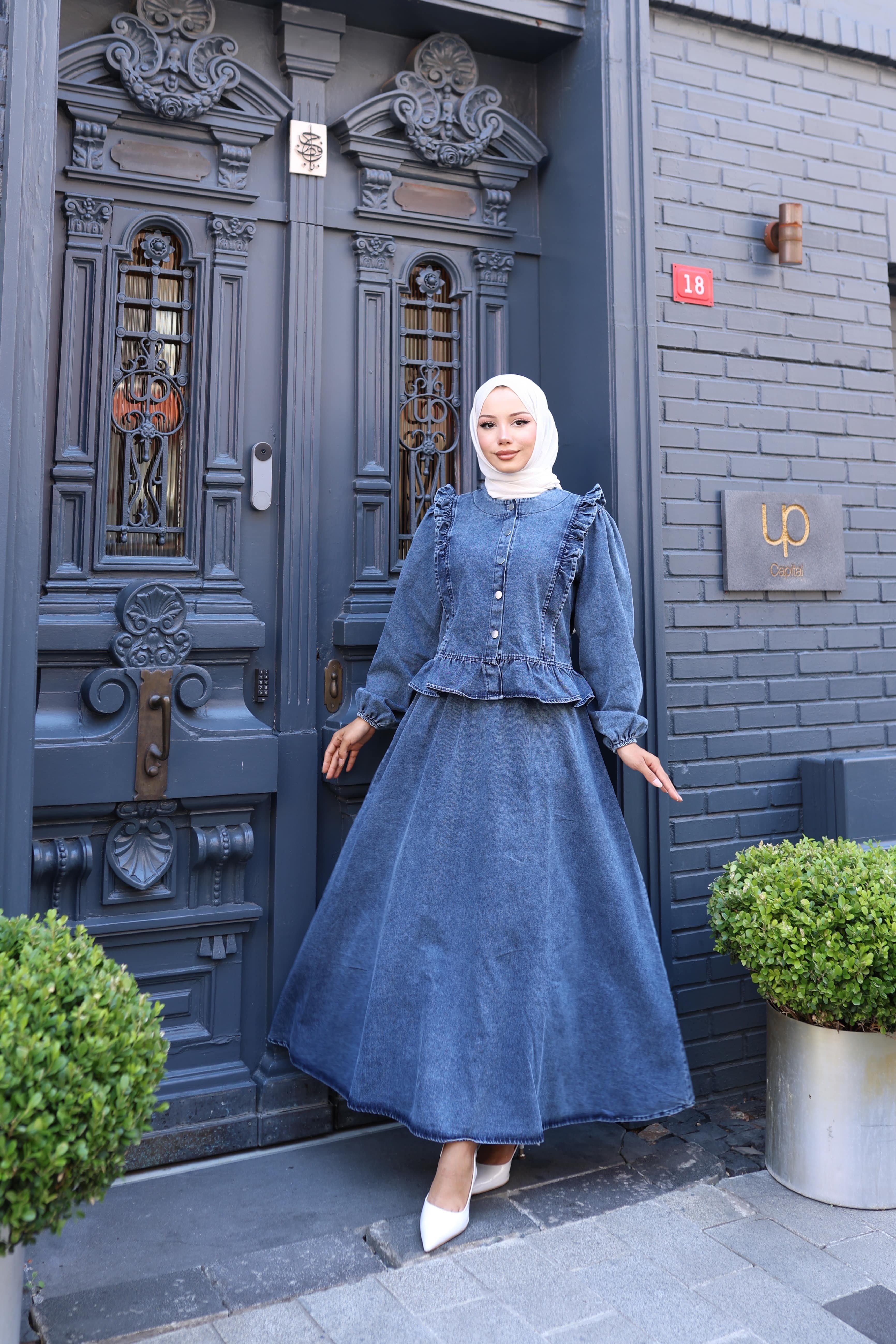 Fırfırlı Ceketli Tesettür Takım - Koyu Mavi