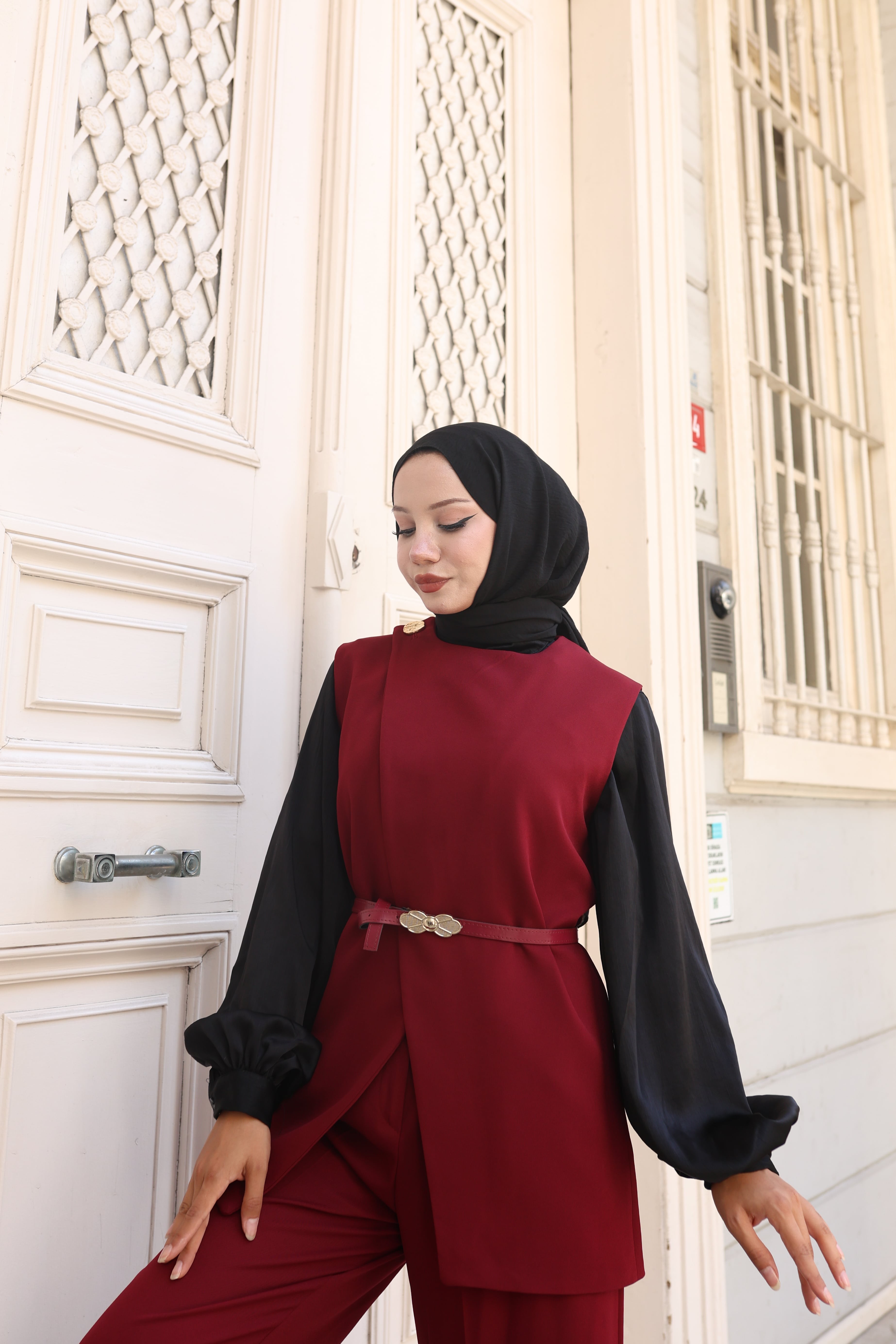 Yelekli İkili Tesettür Takım - Bordo