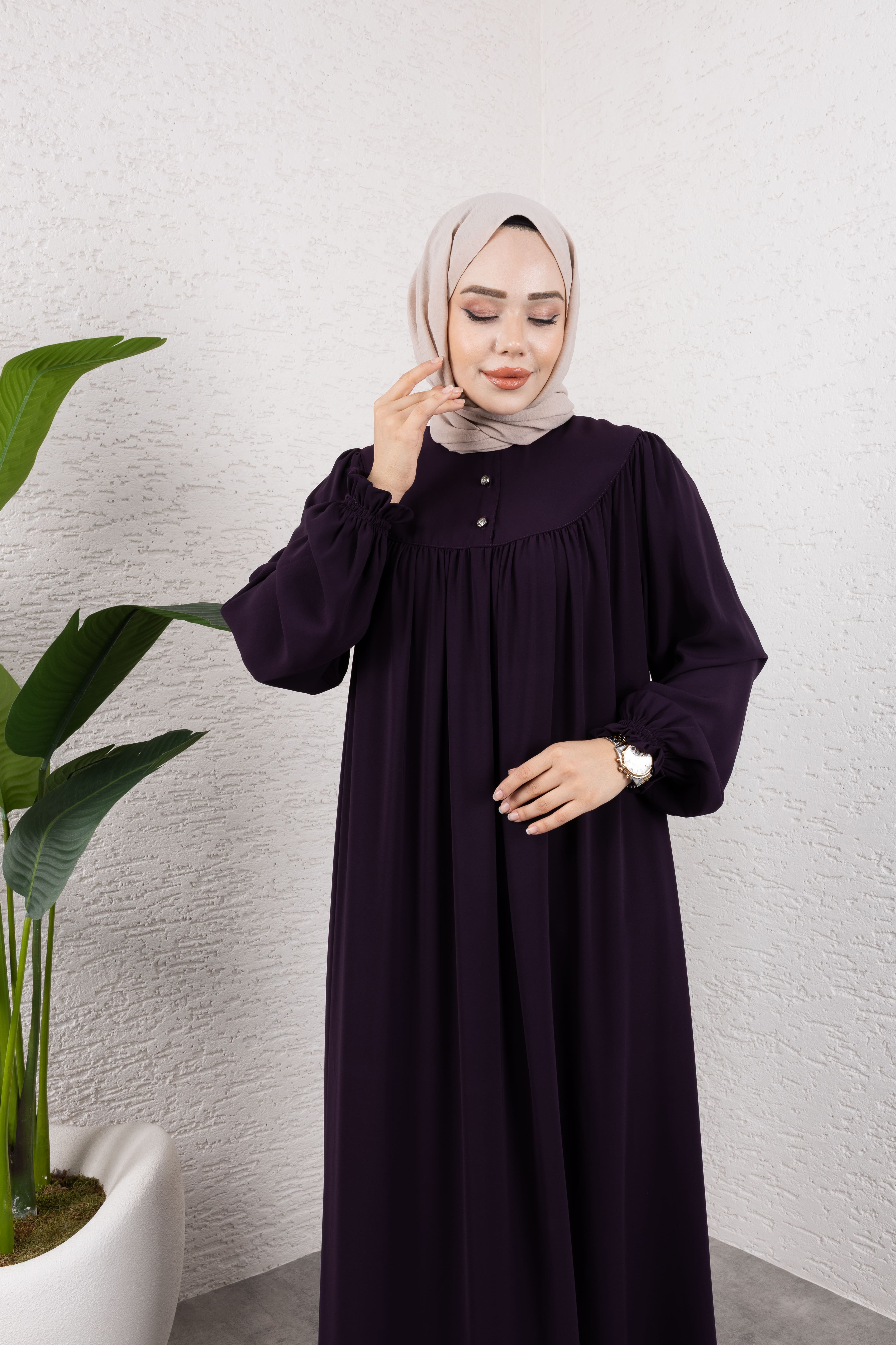 Tesettür Robalı Elbise - Mürdüm