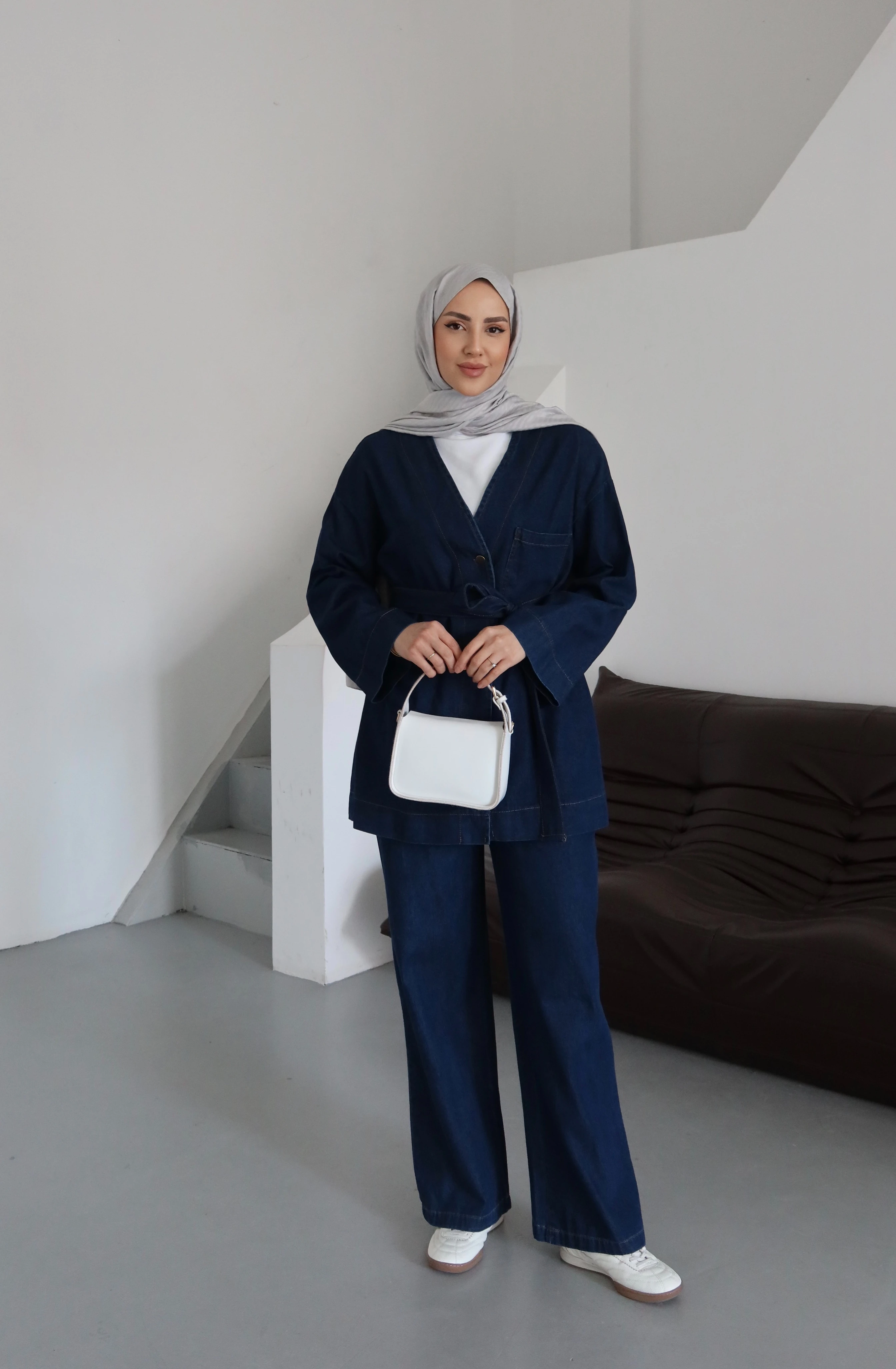 Kemer Detaylı Tesettür Kot Takım