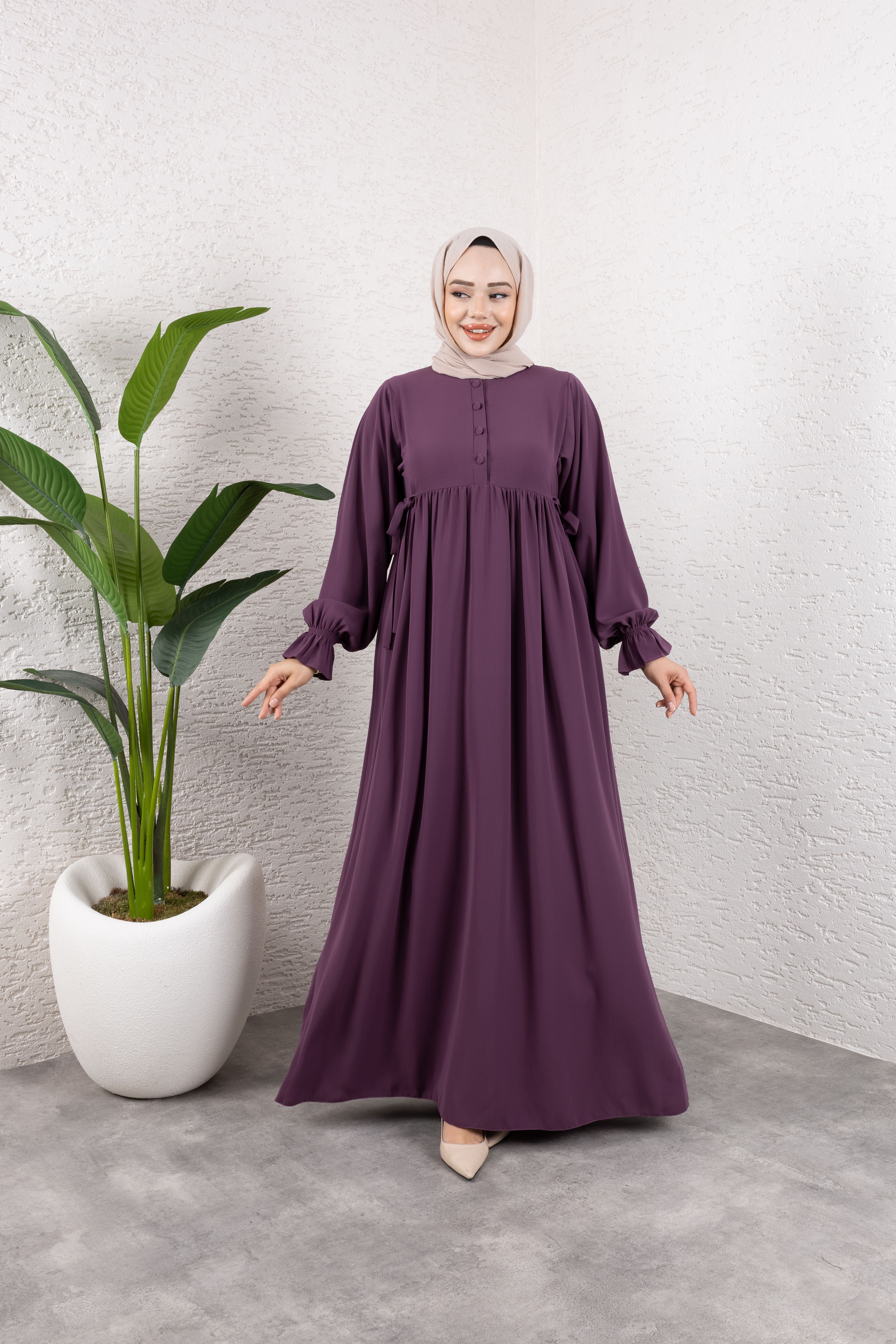 Tesettür Kol Detaylı Elbise - Mürdüm