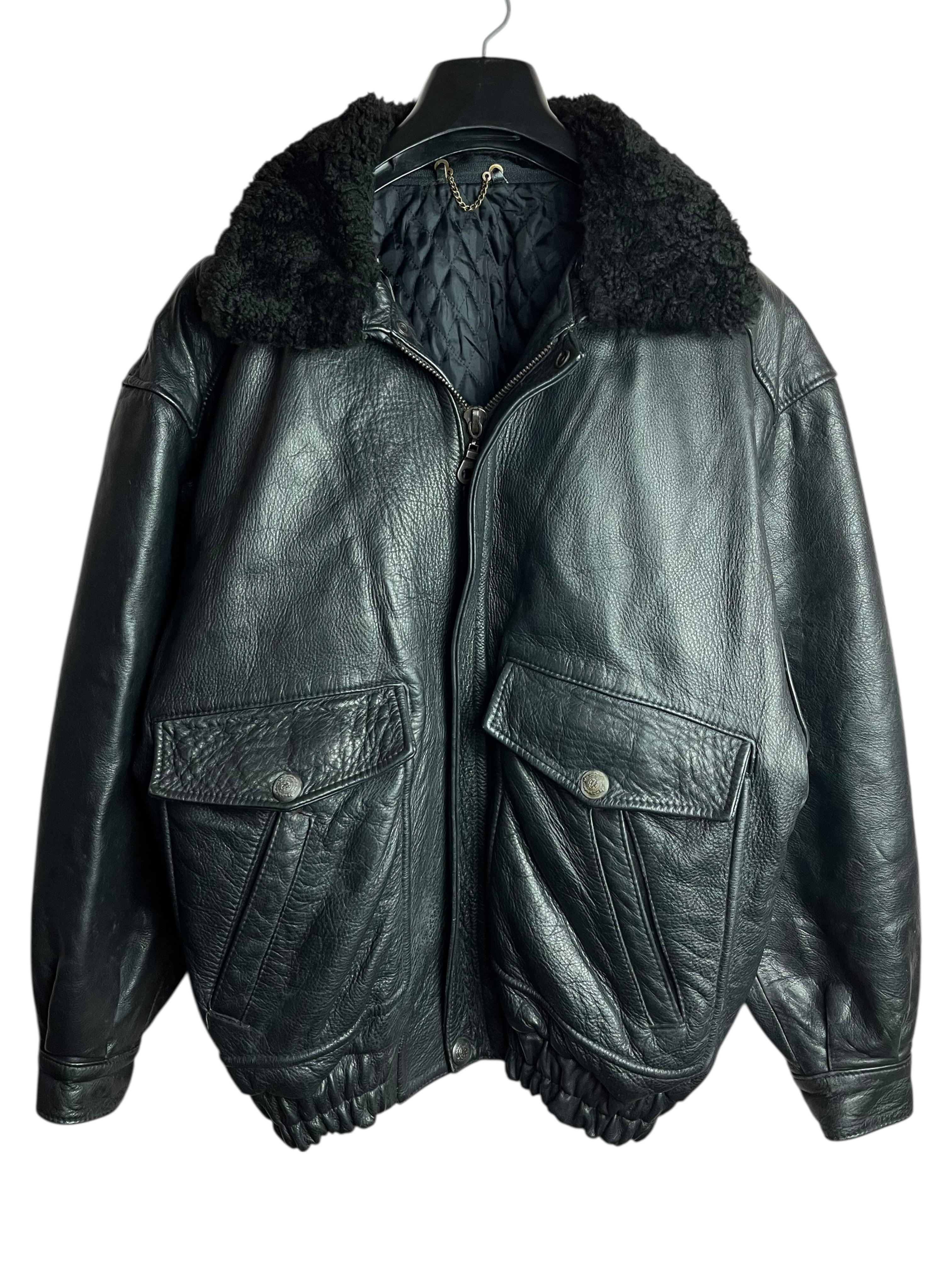 Oversize Bomber Kalın Vintage Deri Ceket (Medium)