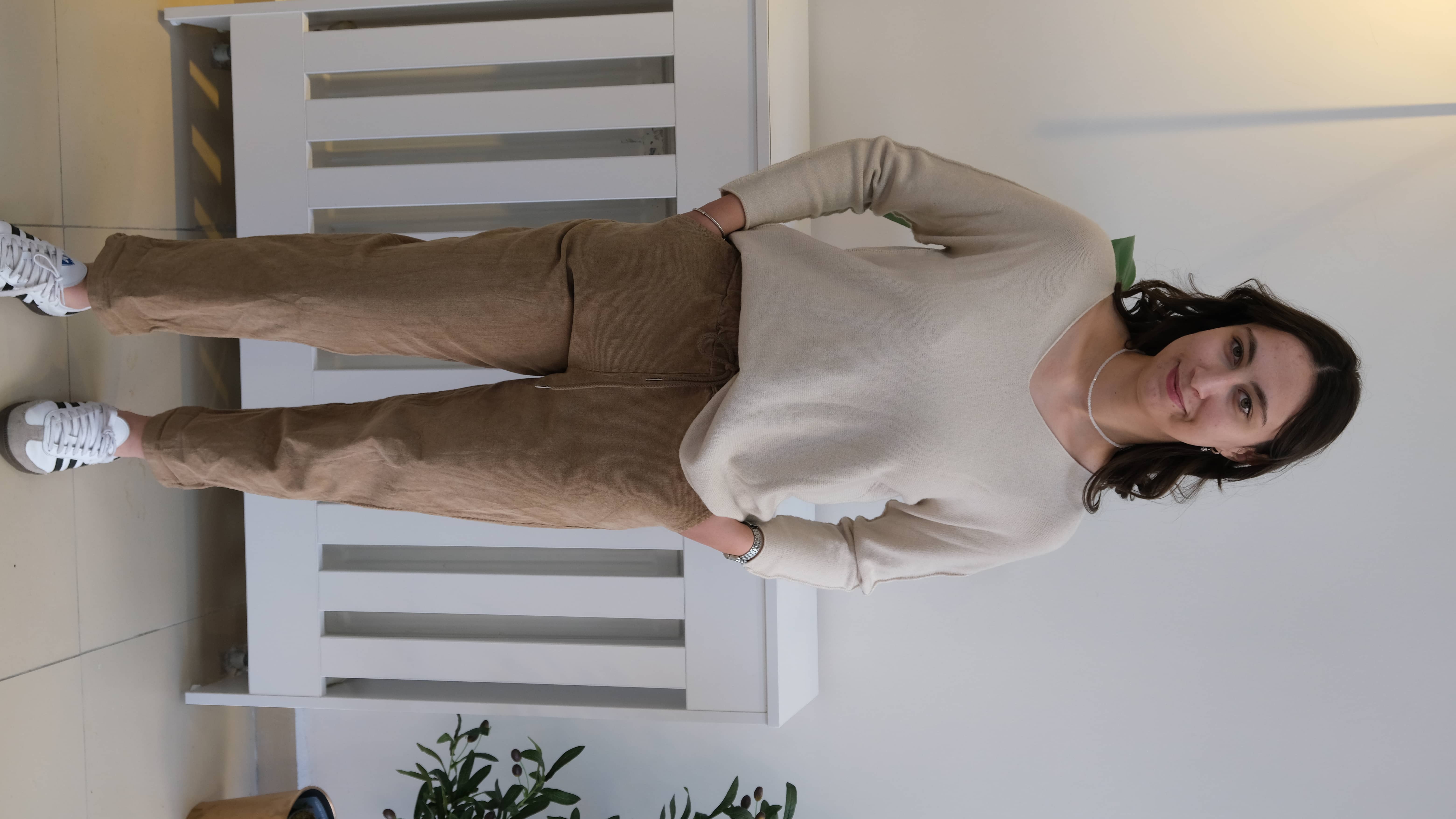 İtalyan İnce Çizgili Kadife Pantolon  - Camel