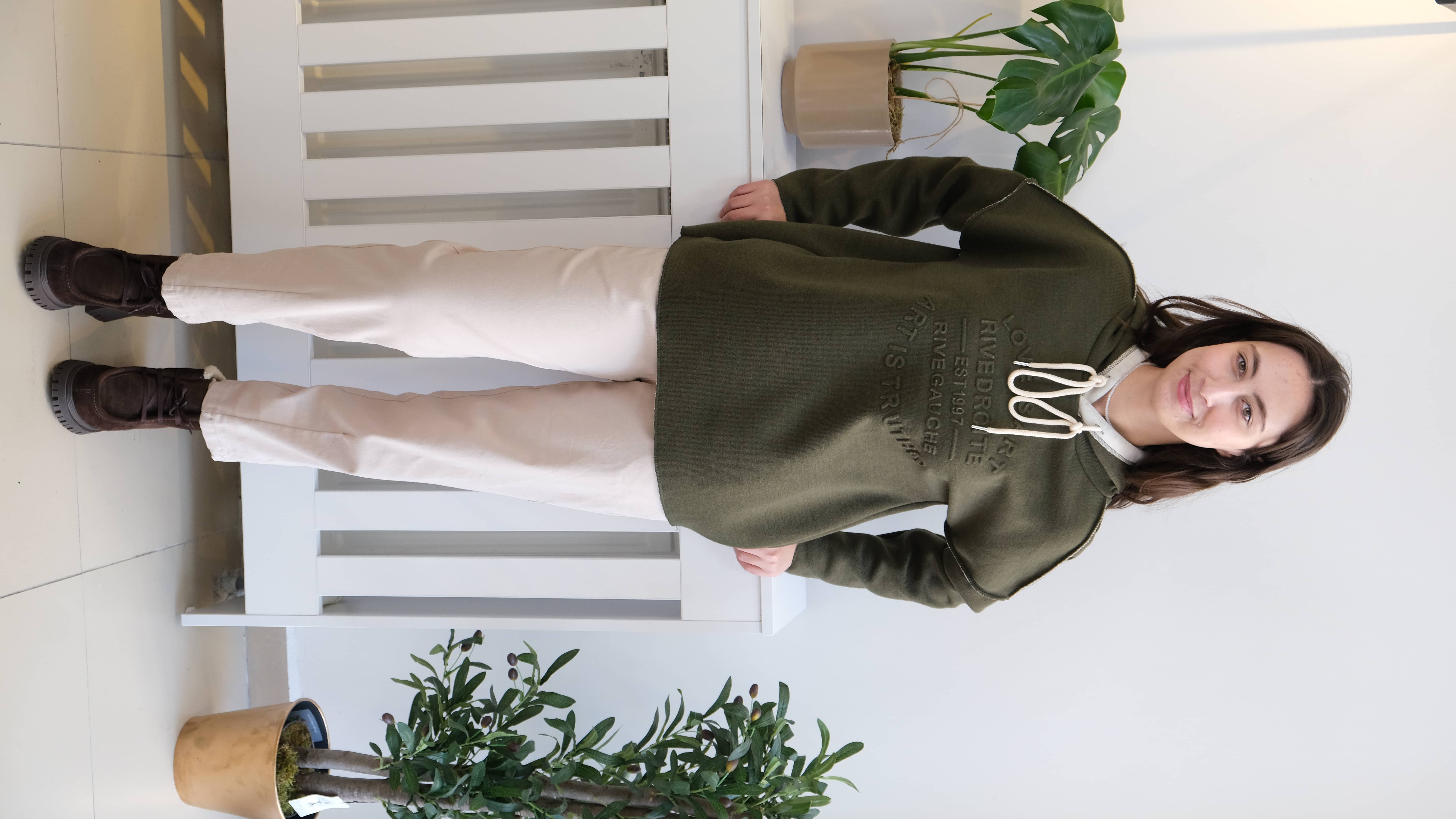 İtalyan Kapüşonlu Kabartma Yazı Detaylı Çelik  Örgü Sweet - Haki