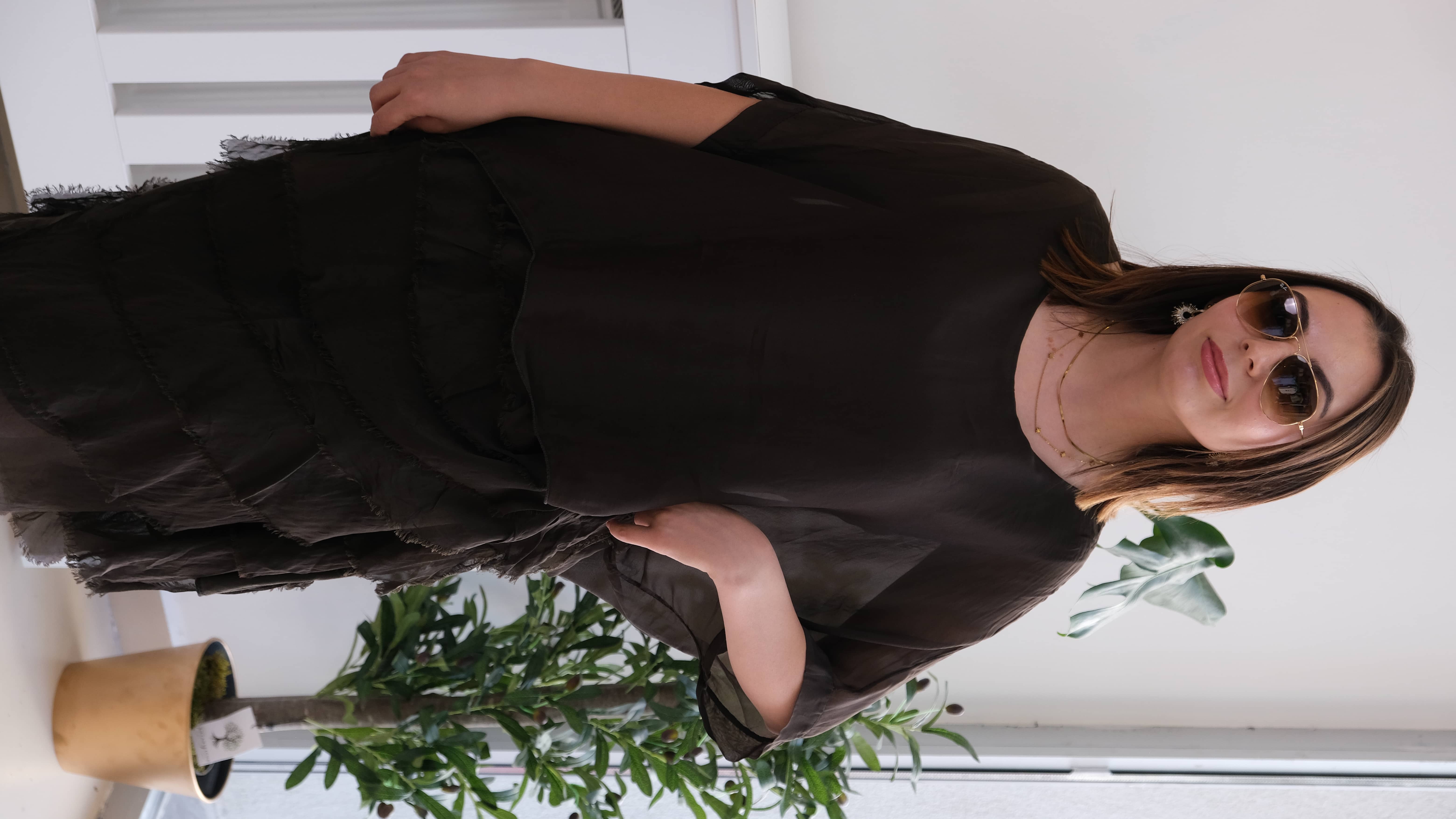 İtalyan Yarasa Kol Katlı İpek Elbise - Haki