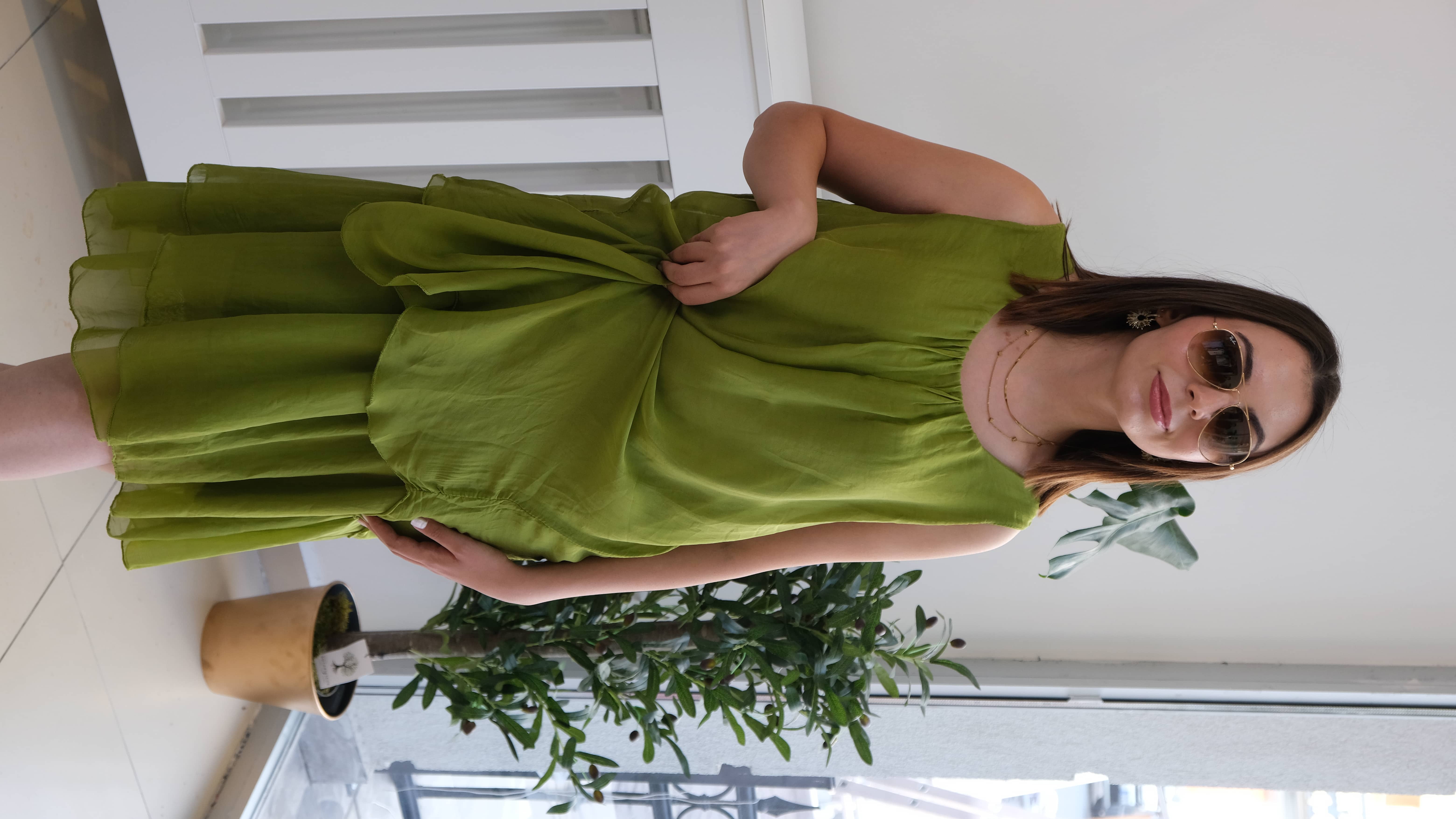 İtalyan Katlı Midi Boy İpek Elbise - Çağla Yeşili