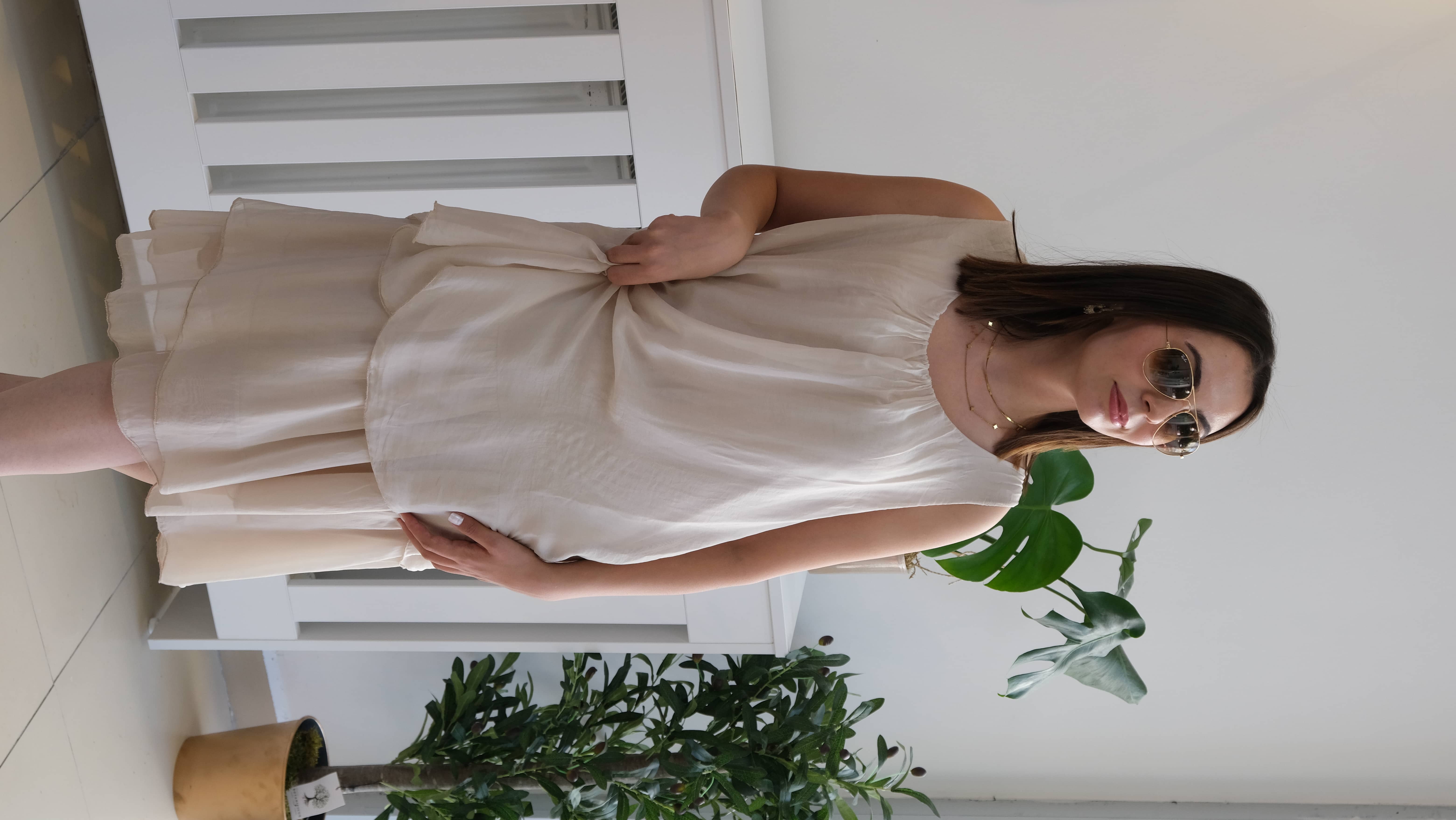 İtalyan Katlı Midi Boy İpek Elbise - Bej