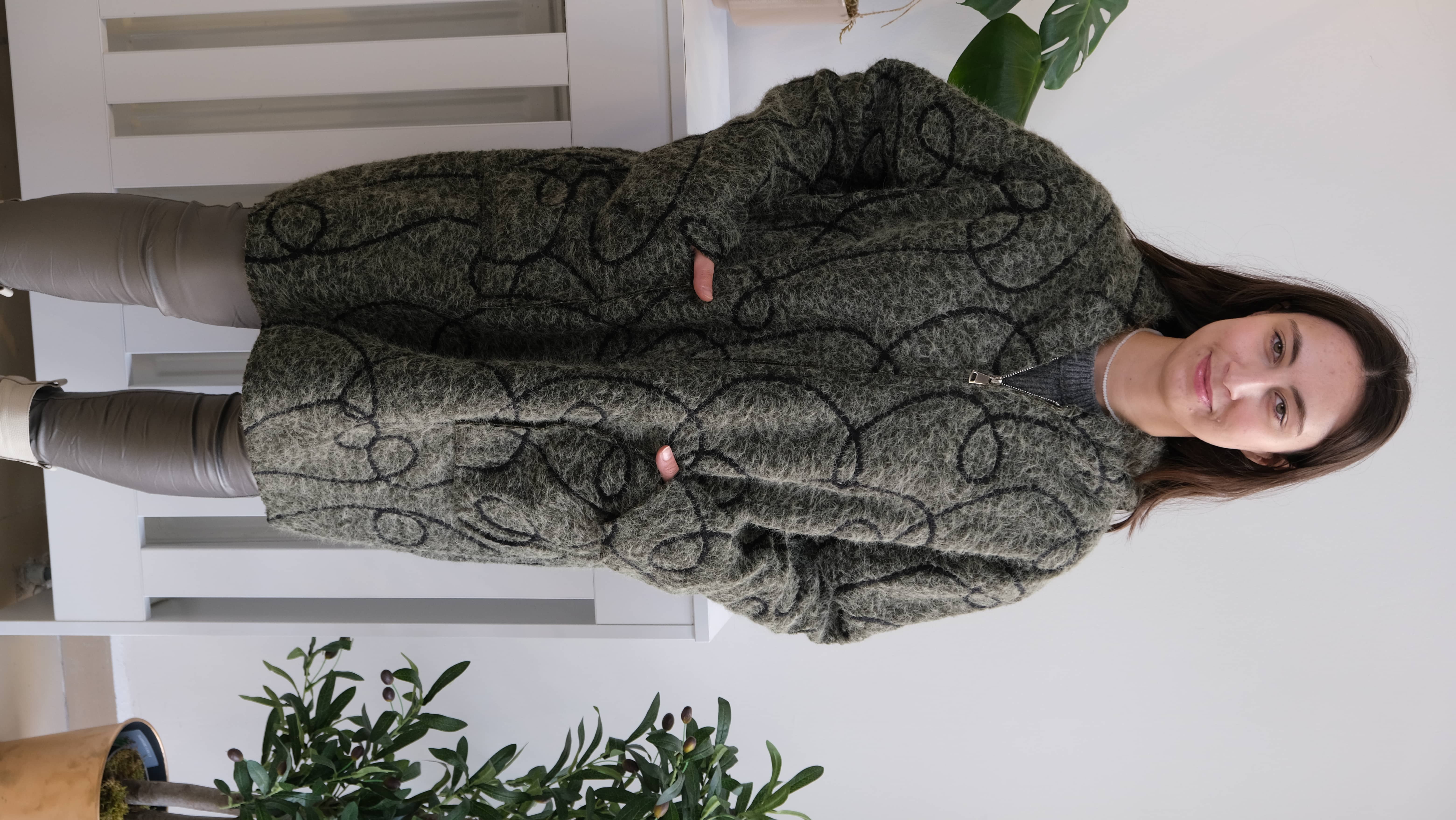 İtalyan Kapüşonlu Halat Çizgili Keçe Uzun Geniş Kalıp Kaban - Haki